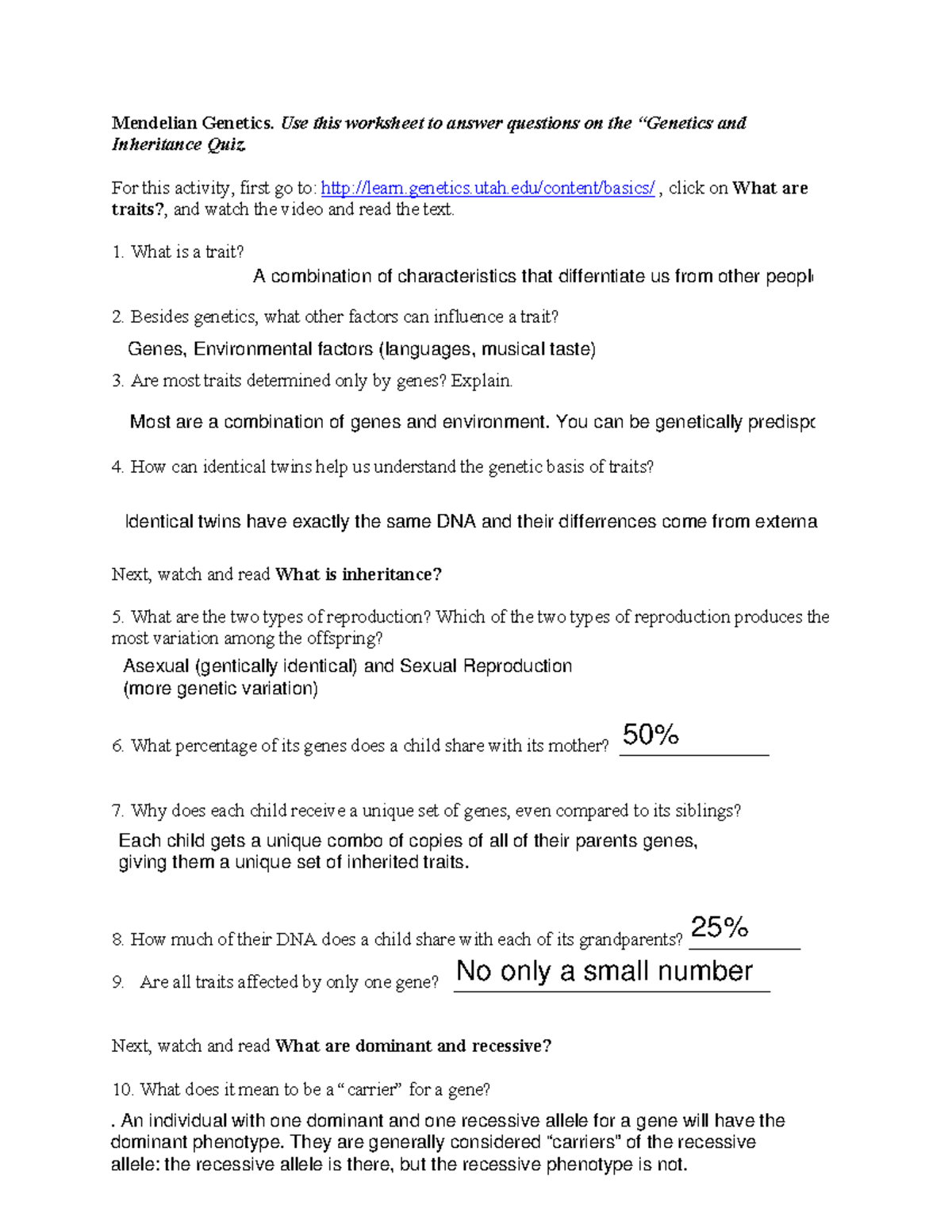 Genetics And Inheritance Worksheet StuDocu