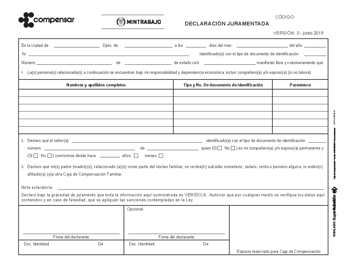 Declaracion Juramentada Subsidio - DECLARACIÓN JURAMENTADA CÓDIGO ...