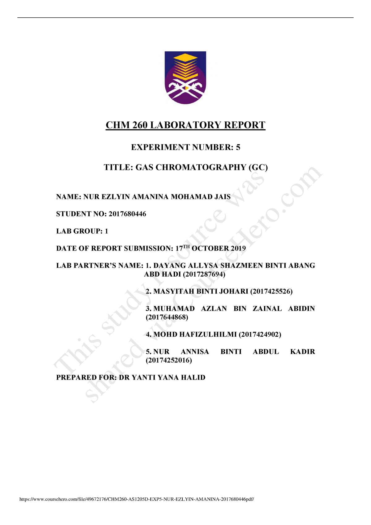 CHM260 AS1205D EXP5 NUR Ezlyin Amanina 2017 680446 - CHM 260 LABORATORY ...