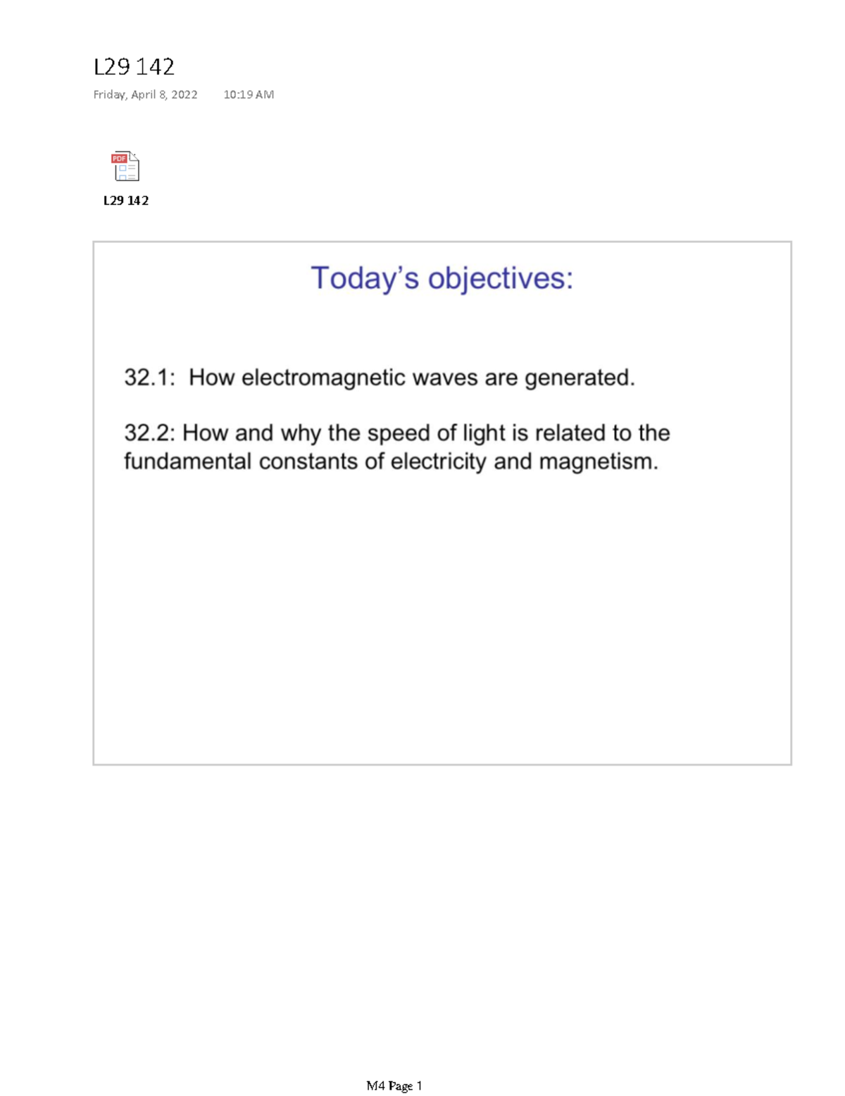 M4 - These are my class notes from M4 - PH 142 - L29 142 L29 142 Friday ...