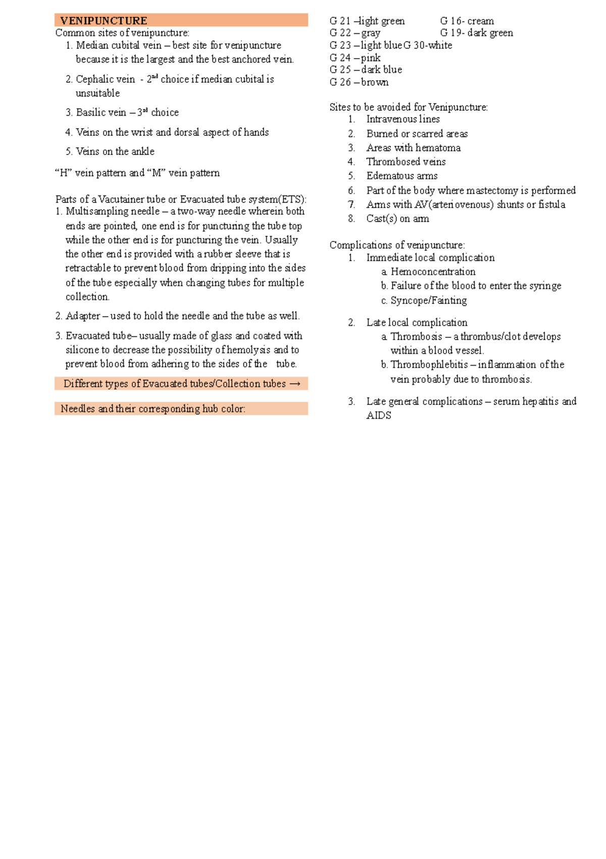 CC1- Venipuncture - Lecture notes 4 - VENIPUNCTURE Common sites of ...
