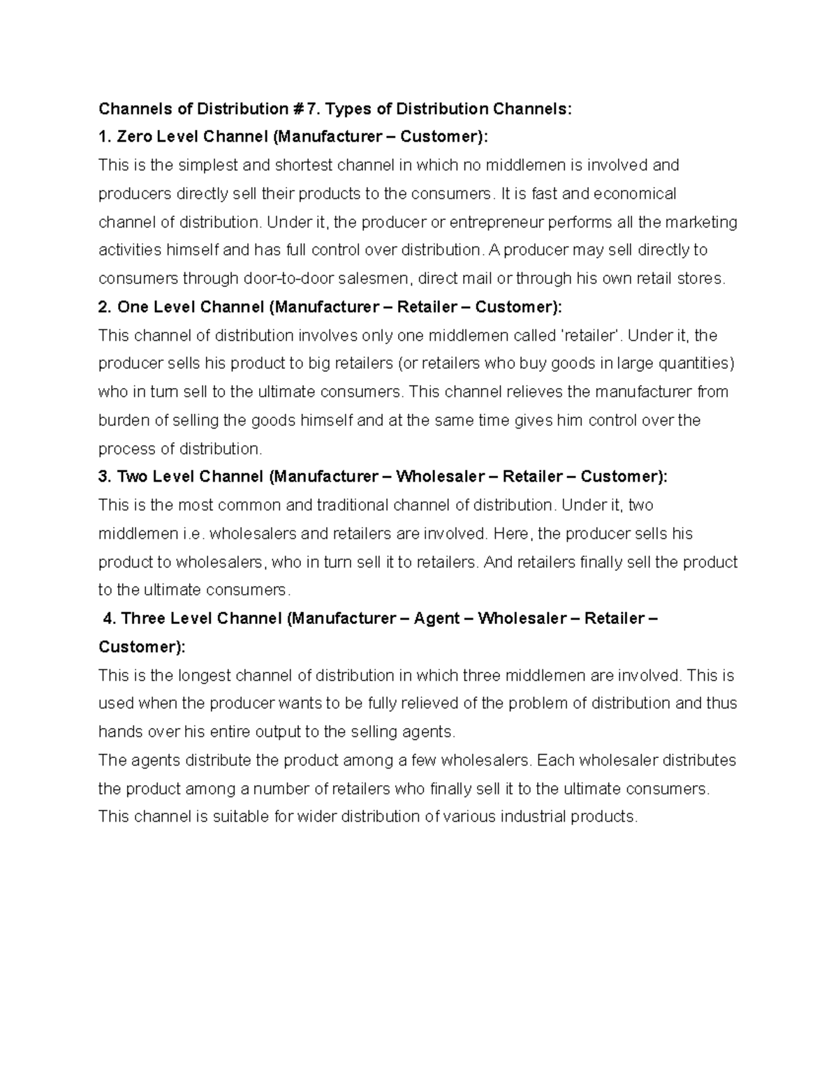 Channels of Distribution Types of Distribution Channels Zero Level