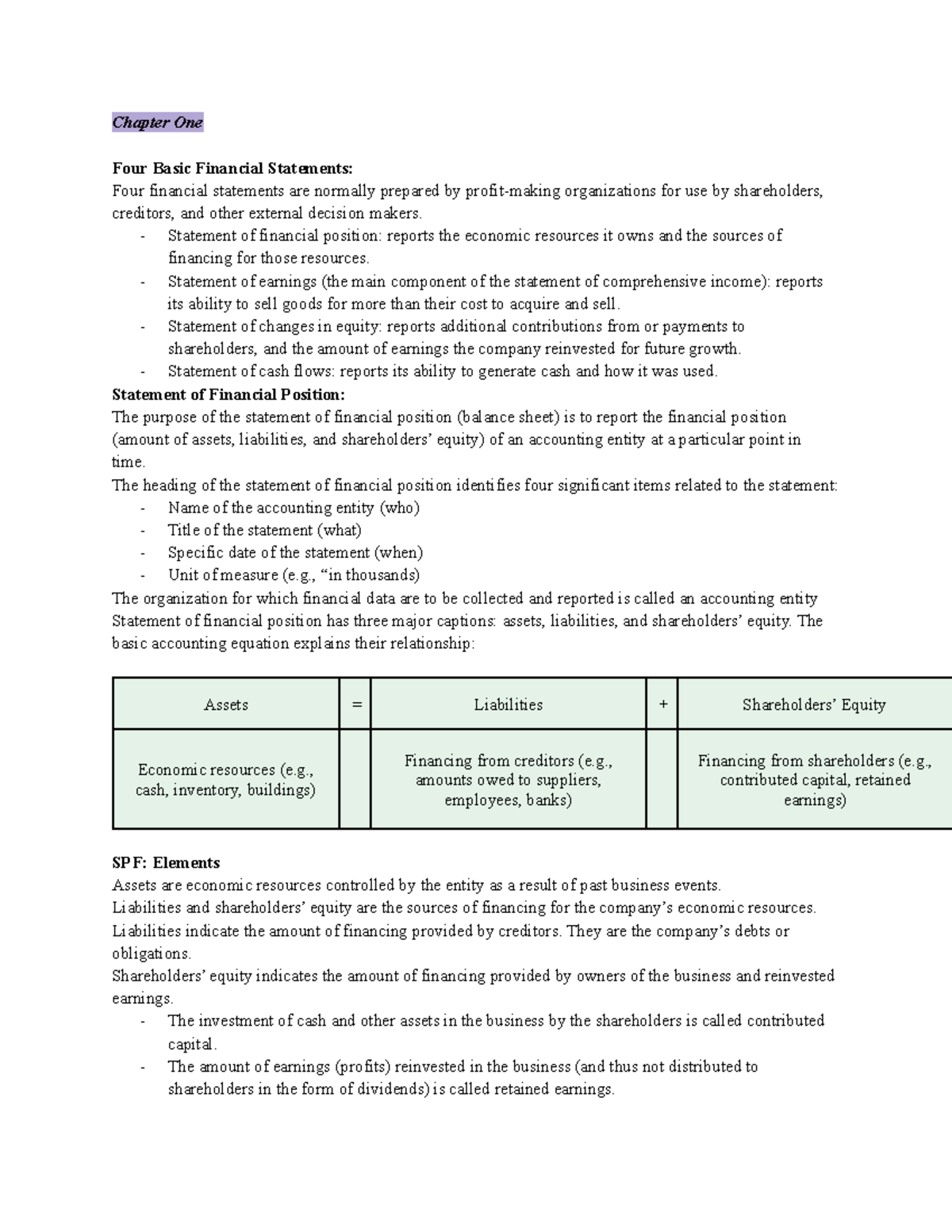 BU127 Chapter One - Chapter One Four Basic Financial Statements: Four ...