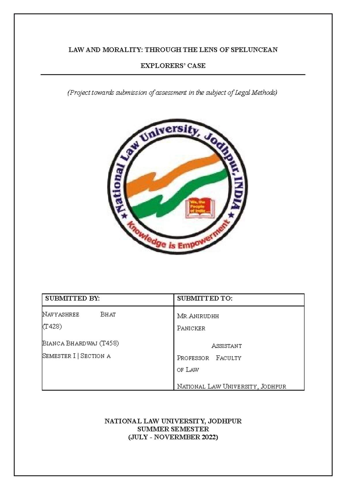 Law and Morality Through the lens of Speluncean Explorers' Case LAW AND MORALITY THROUGH THE