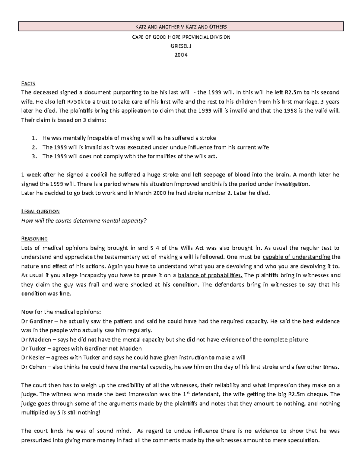 Katz and another v Katz and Others KATZ AND ANOTHER V KATZ AND OTHERS CAPE OF GOOD HOPE