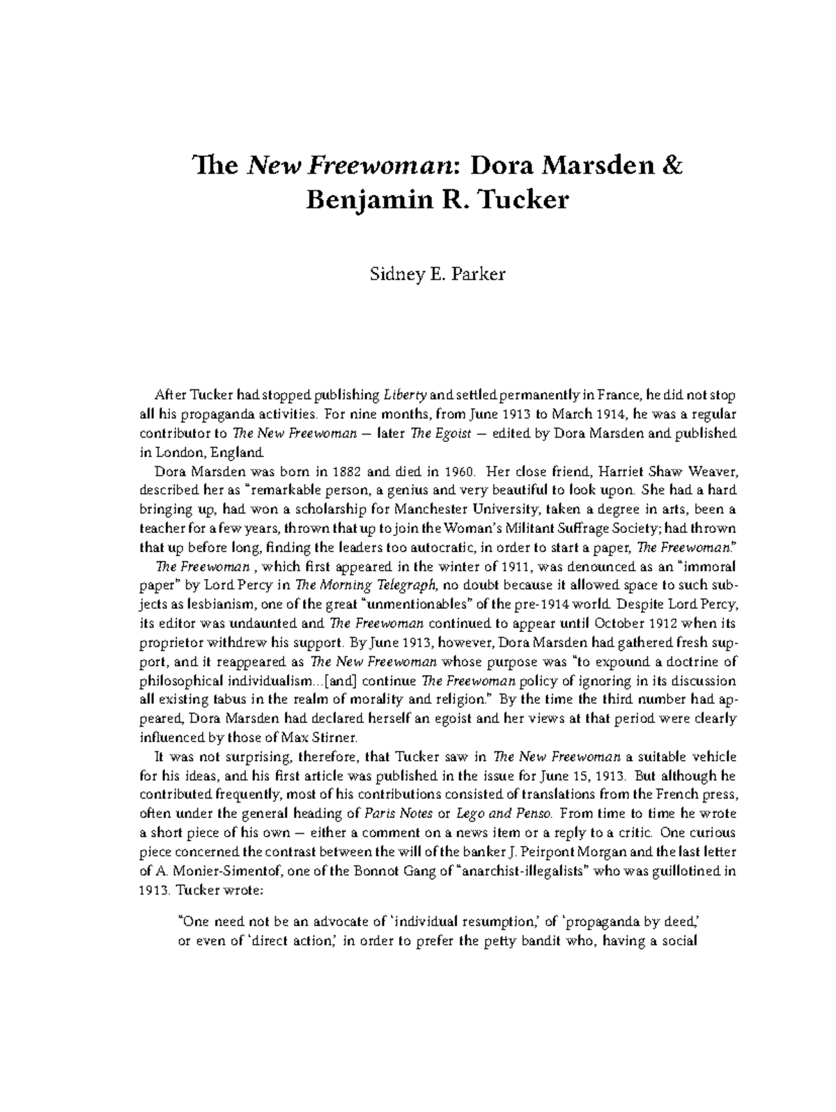 Sidney e parker the new freewoman dora marsden benjamin r tucker - The ...