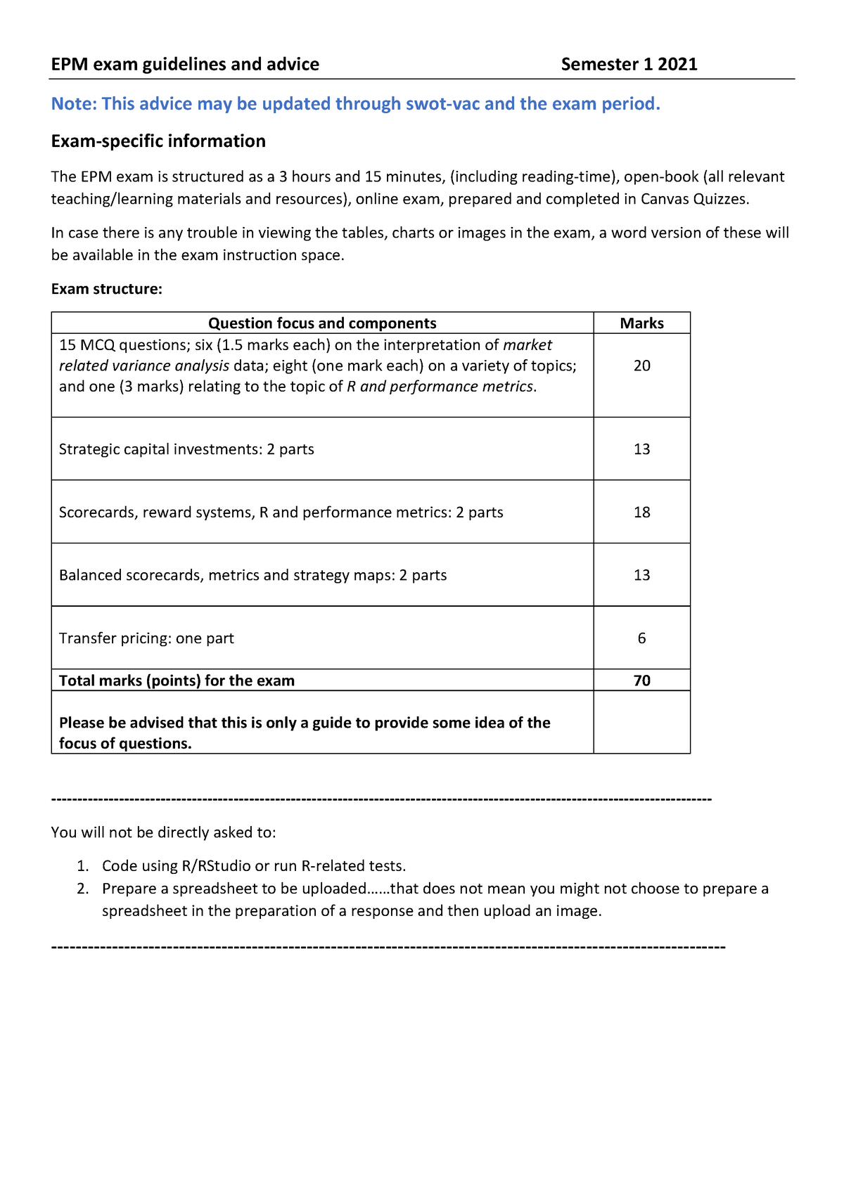 EPM exam guidelines and advice semester 1 2021 - StuDocu