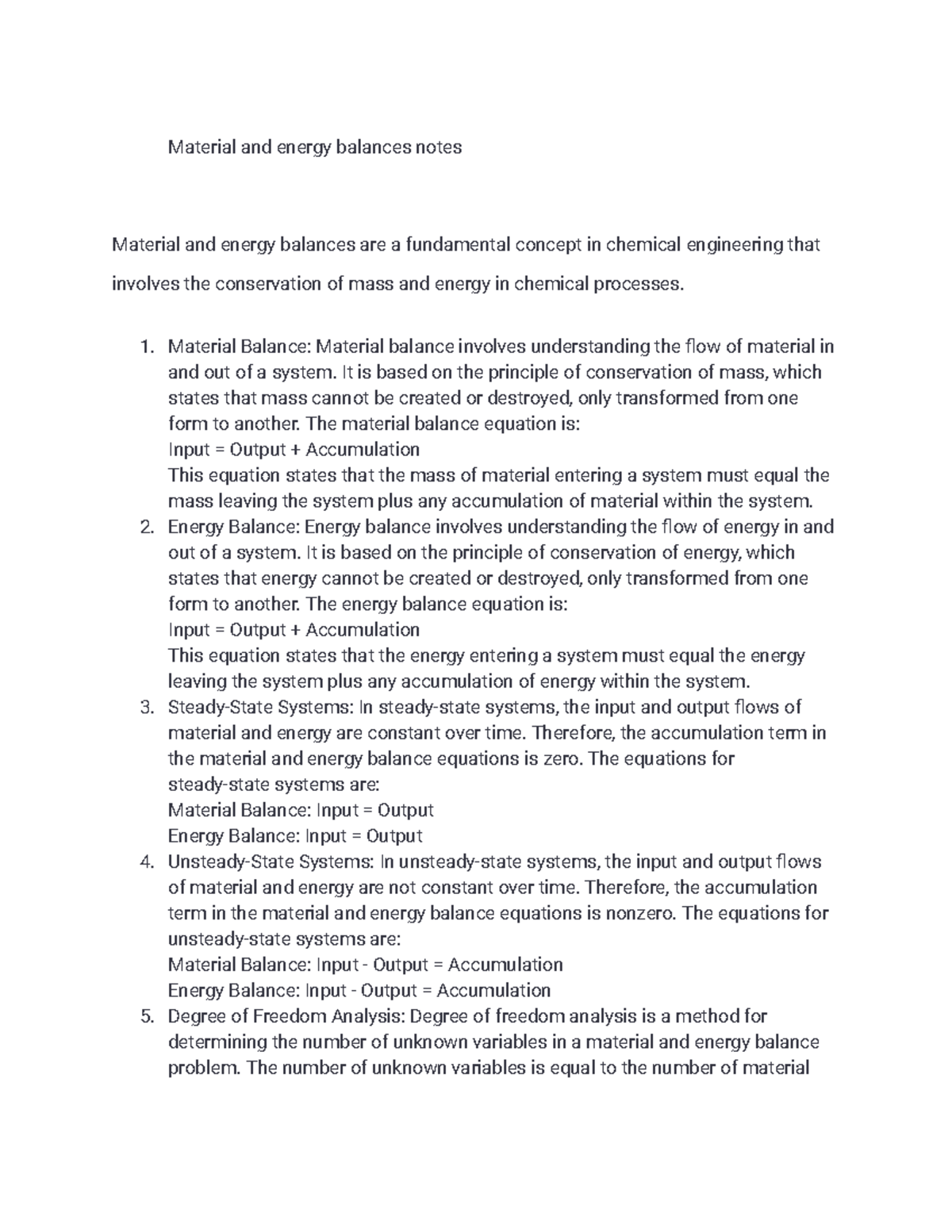 Material and energy balances notes Material and energy balances notes Material and energy