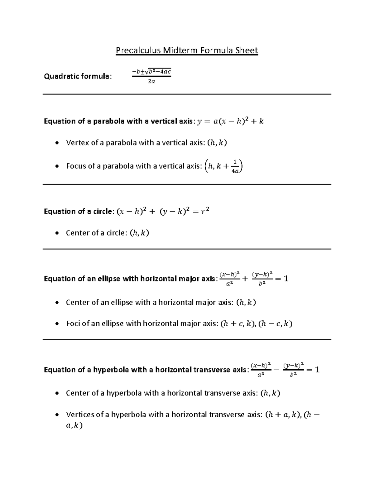 Precalculus Midterm Formula Sheet - Precalculus Midterm Formula Sheet ...