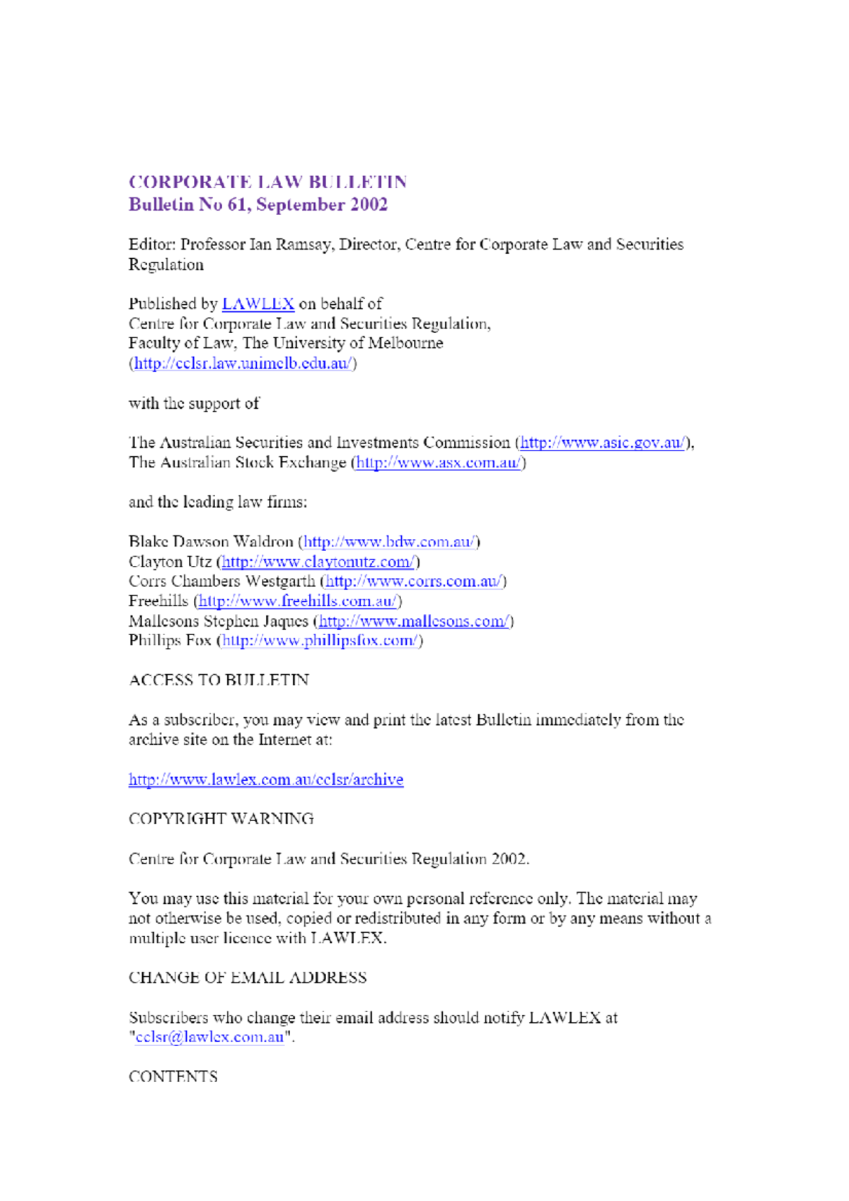 Corporate Law Bulletin 61 - September 2002 - BLAW 2001 - Studocu