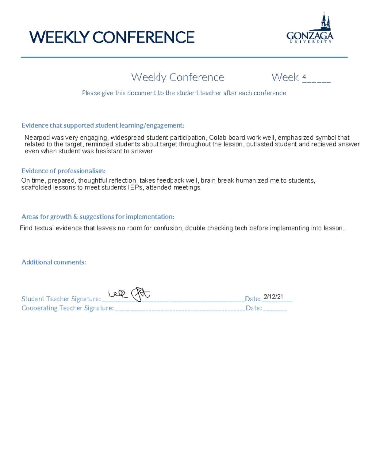 Weekly 4 - Student teaching work - WEEKLY CONFERENCE Weekly Conference ...
