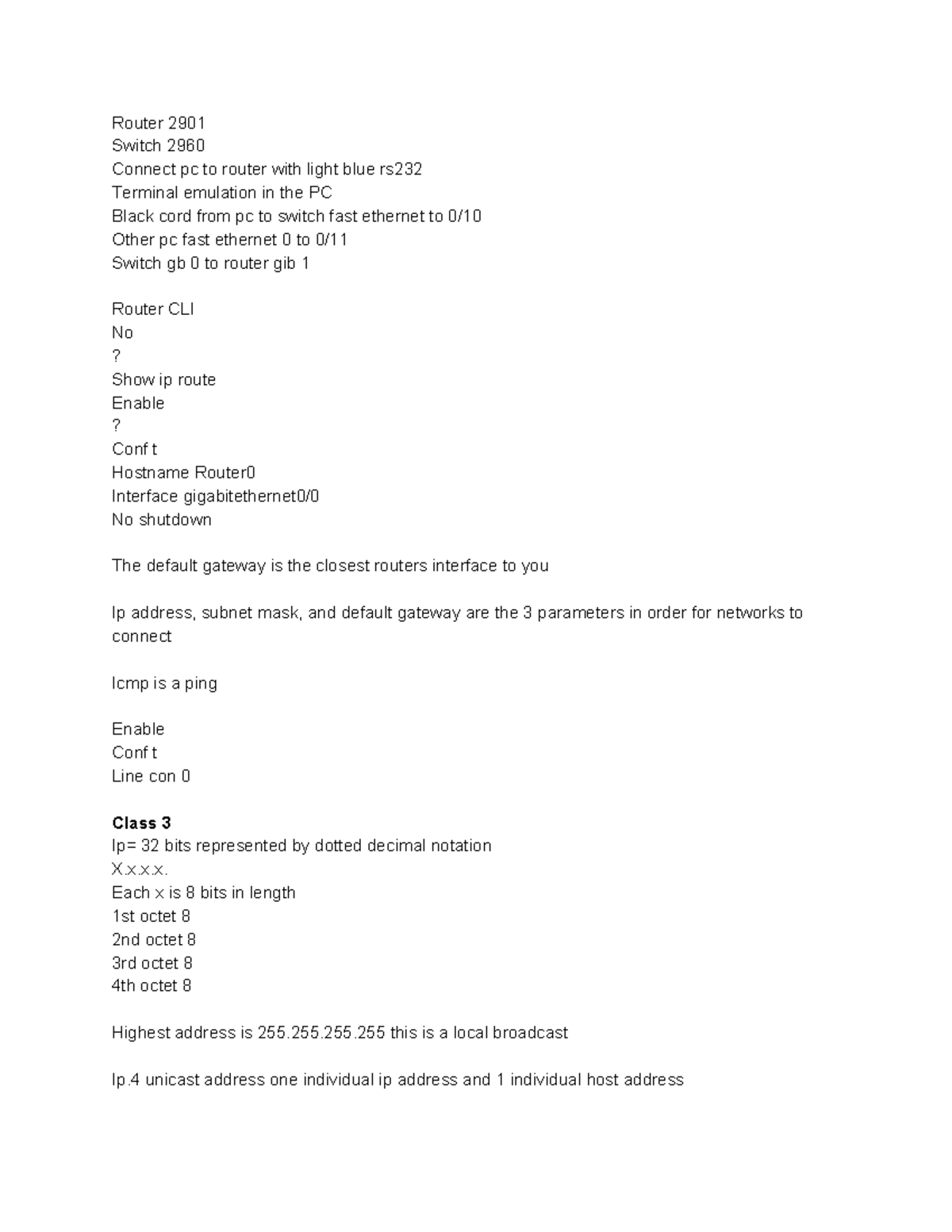 Internetworking class notes - Router 2901 Switch 2960 Connect pc to ...