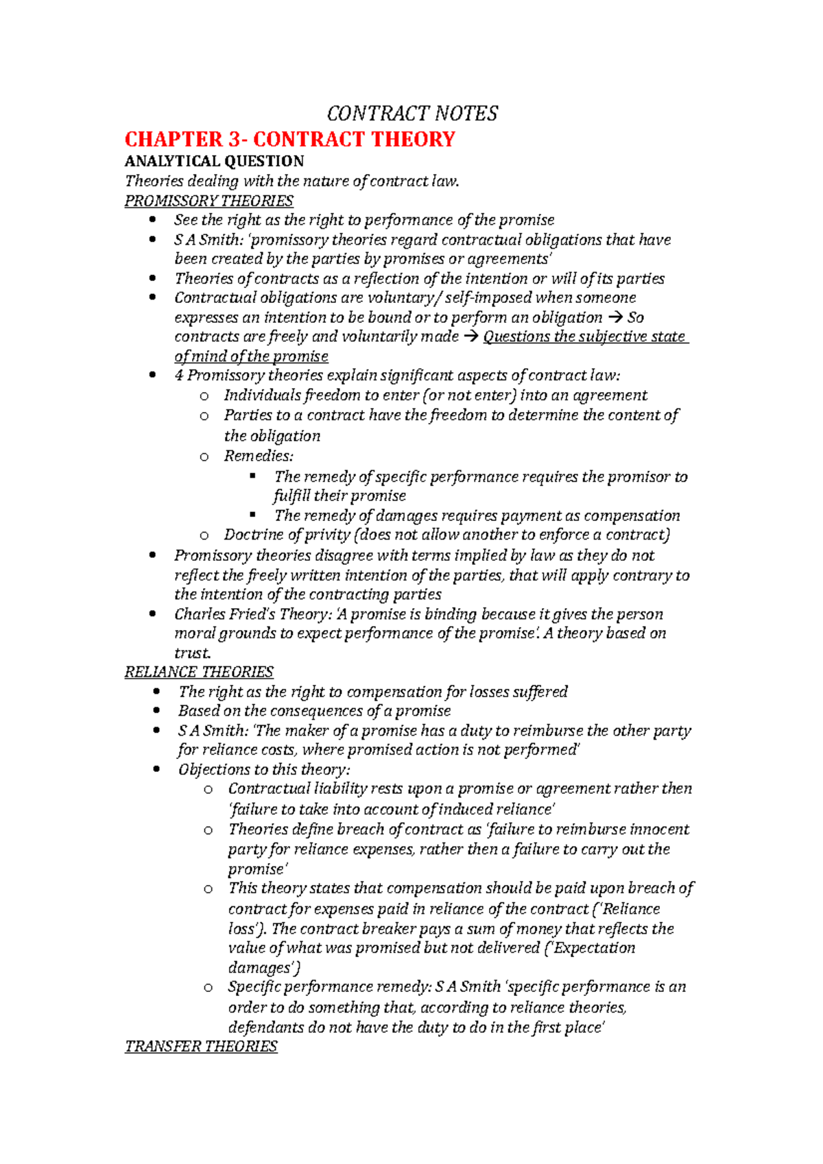 Contract Notes - CONTRACT NOTES CHAPTER 3- CONTRACT THEORY ANALYTICAL ...