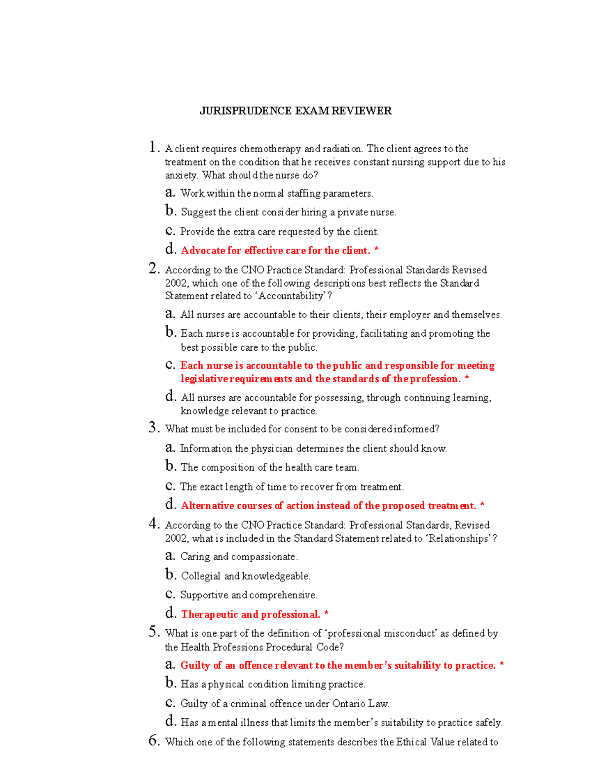 Jurisprudence EXAM Reviewer JURISPRUDENCE EXAM REVIEWER 1. A client requires chemotherapy and
