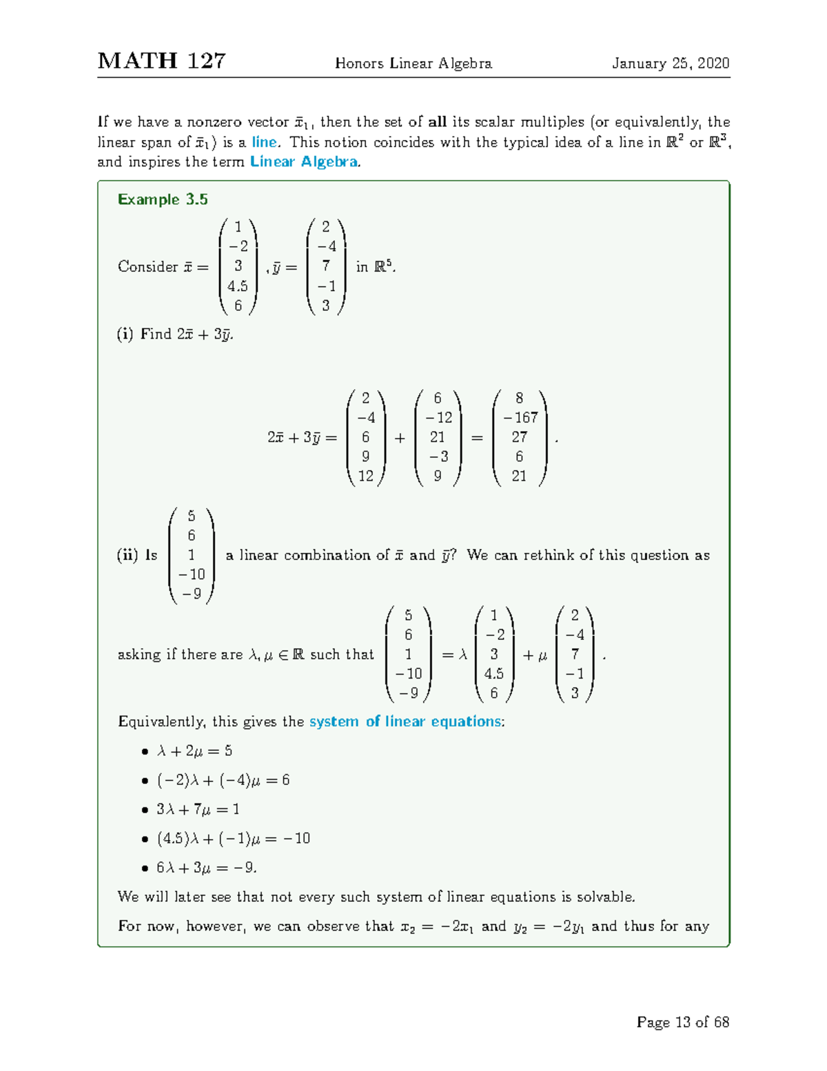 MATH 235-13 - Lecture notes 13 - MATH 127 Honors Linear Algebra January ...