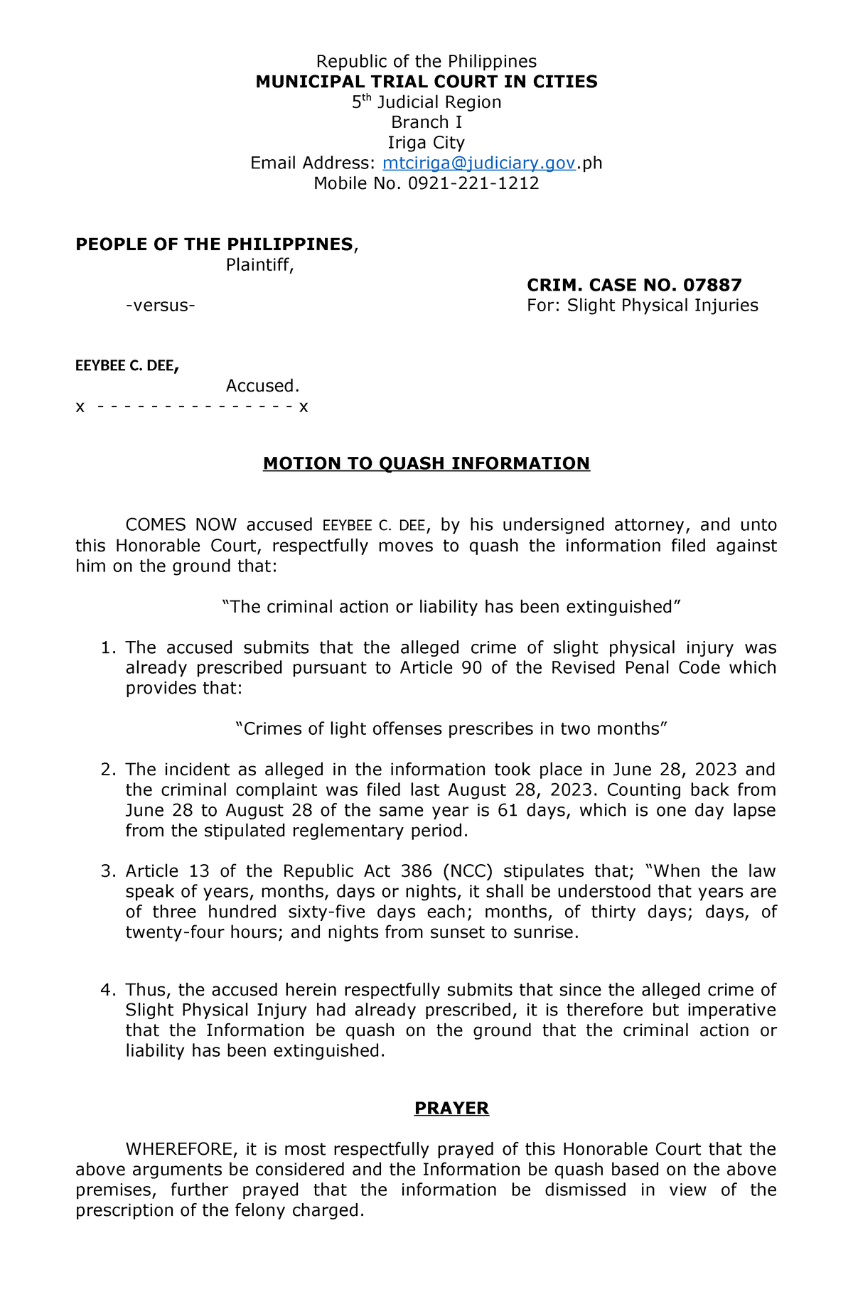 Motion To Quash PFR - Republic Of The Philippines MUNICIPAL TRIAL COURT ...