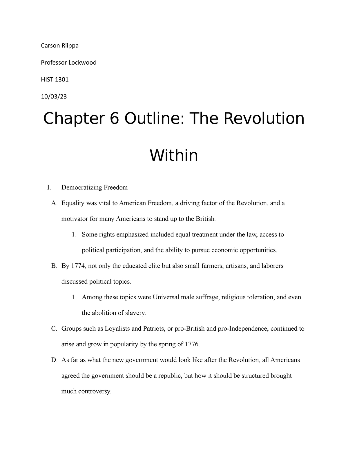 Give Me Liberty Outline Chapter 6 - Carson Riippa Professor Lockwood ...