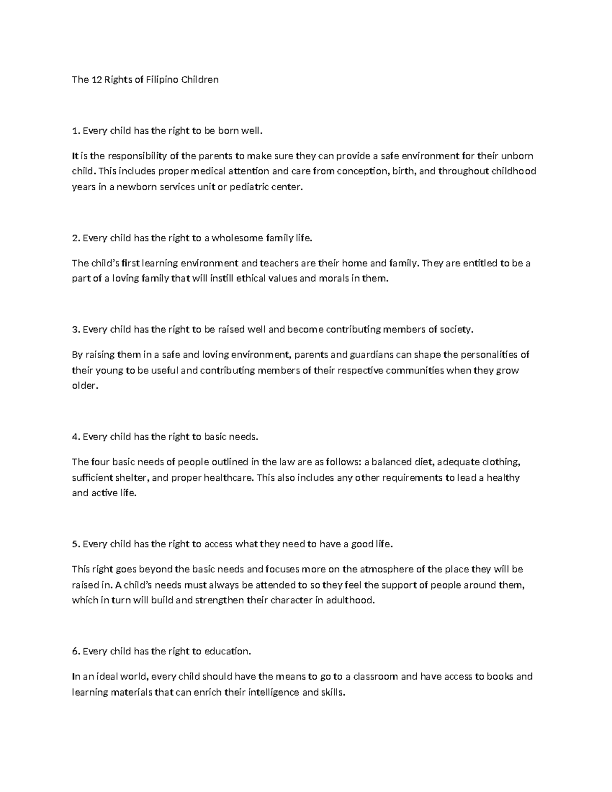 The 12 Rights o-WPS Office - The 12 Rights of Filipino Children Every ...