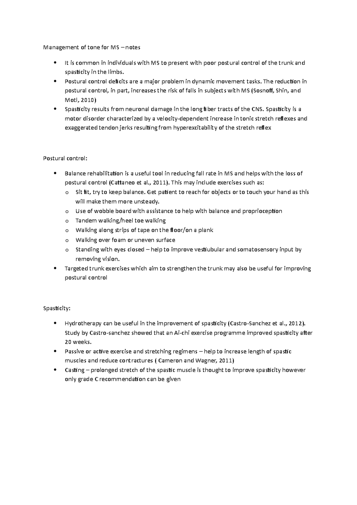 Physiotherapy - Lecture notes - MS notes - Management of tone for MS ...