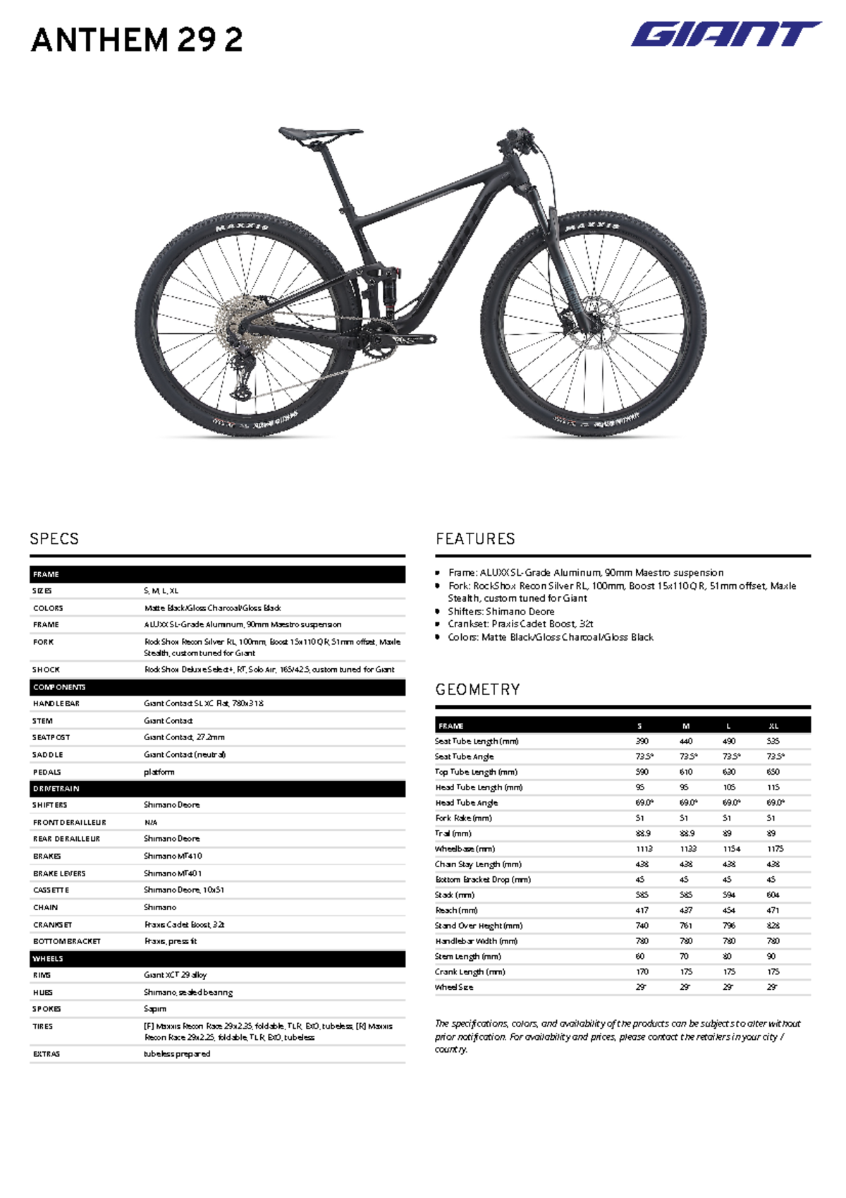 Giant bicycles bike 1920 - SPECS FRAME SIZES S, M, L, XL COLORS Matte