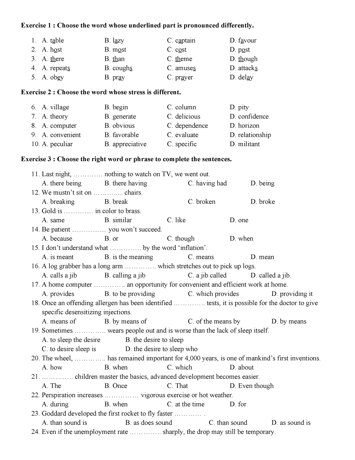 TEST 50 - This Is - Exercise 1 : Choose The Word Whose Underlined Part ...