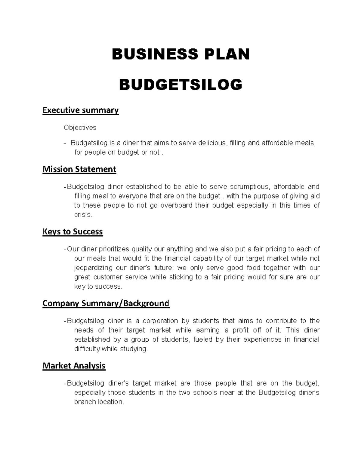 Business-PLAn - to help others - BUSINESS PLAN BUDGETSILOG Executive ...