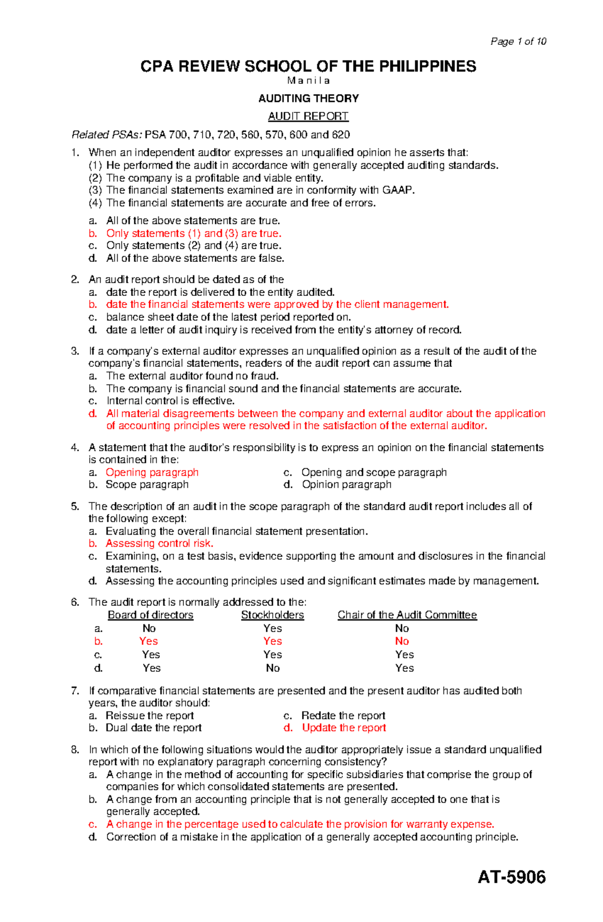 Audit TB Compiled - Test Bank - CPA REVIEW SCHOOL OF THE PHILIPPINES M ...