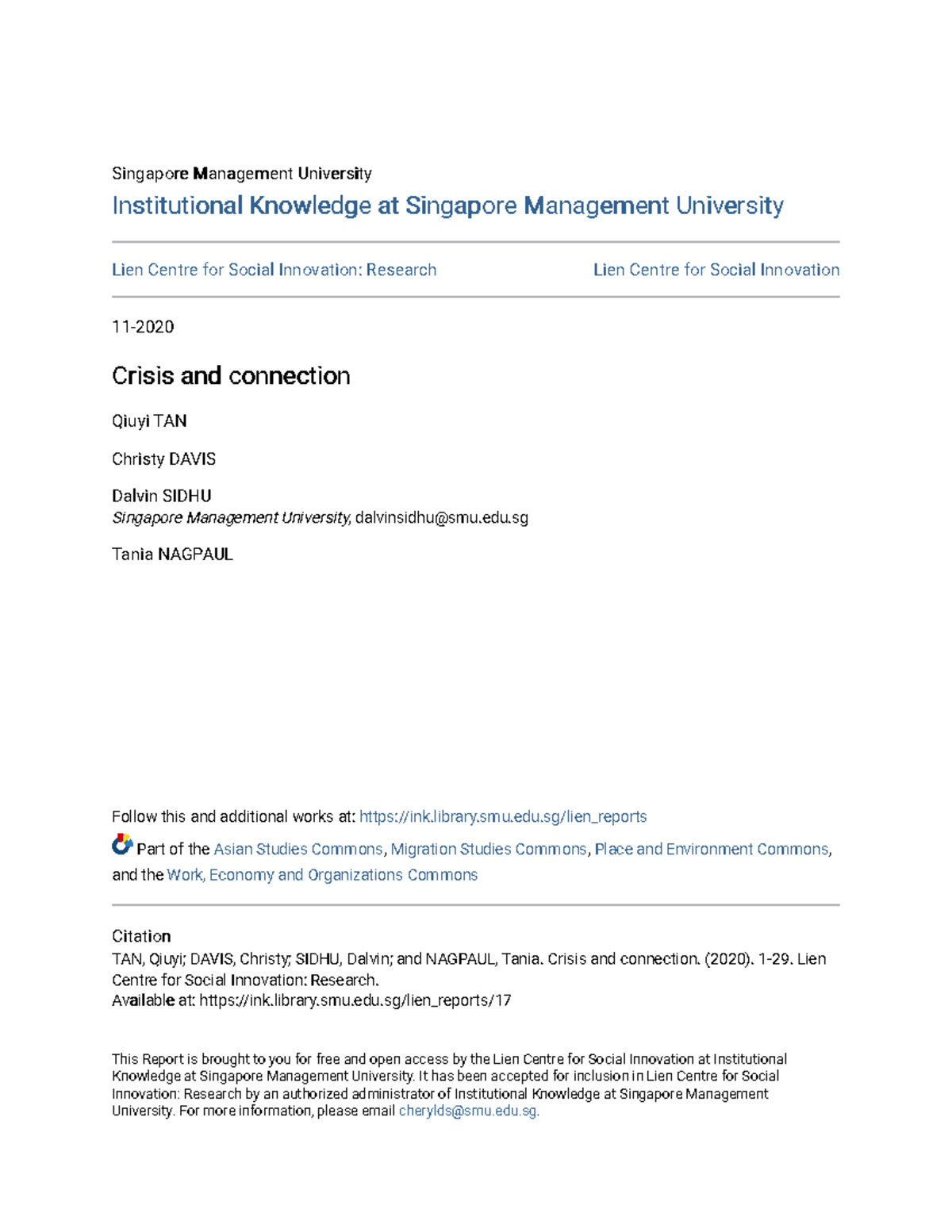 Crisis and connection sample research paper - Singapore Management ...