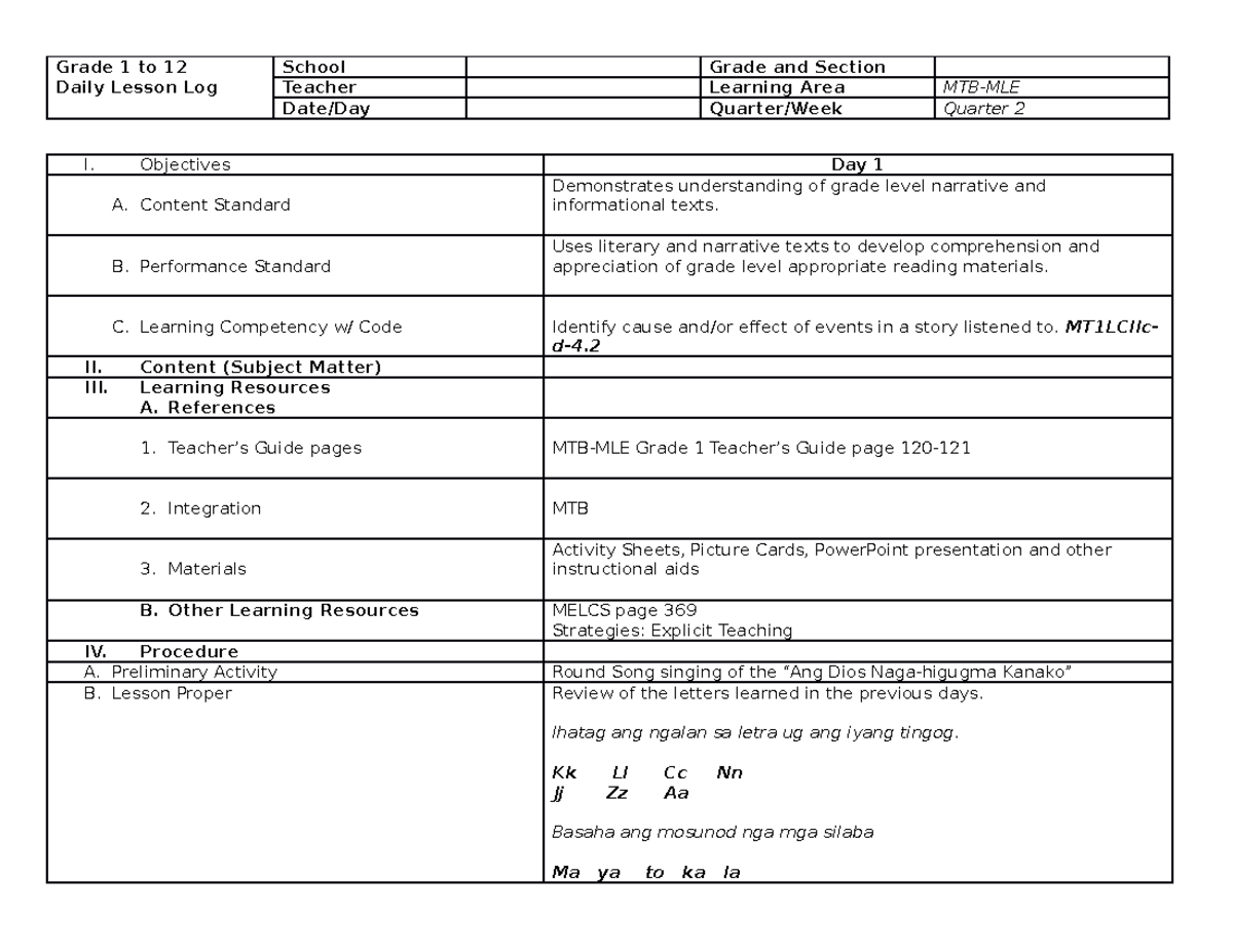 MTB Grade 1 - Grade 1 to 12 Daily Lesson Log School Grade and Section ...