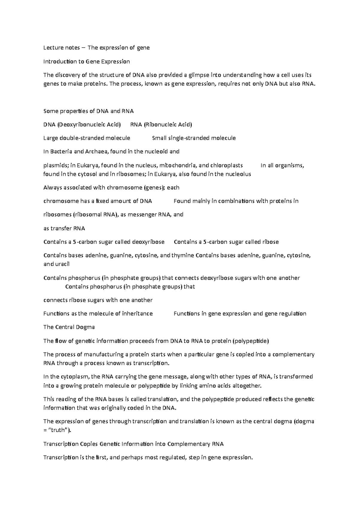 Lecture notes – The expression of gene - The process, known as gene ...