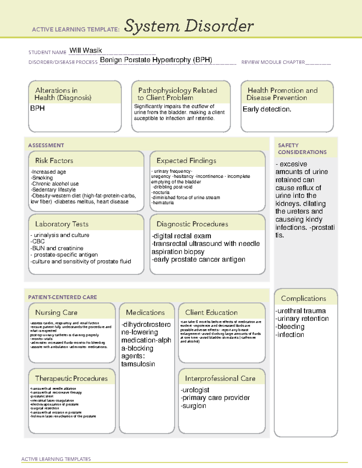 Bph - N A - Active Learning Templates System Disorder Student Name 