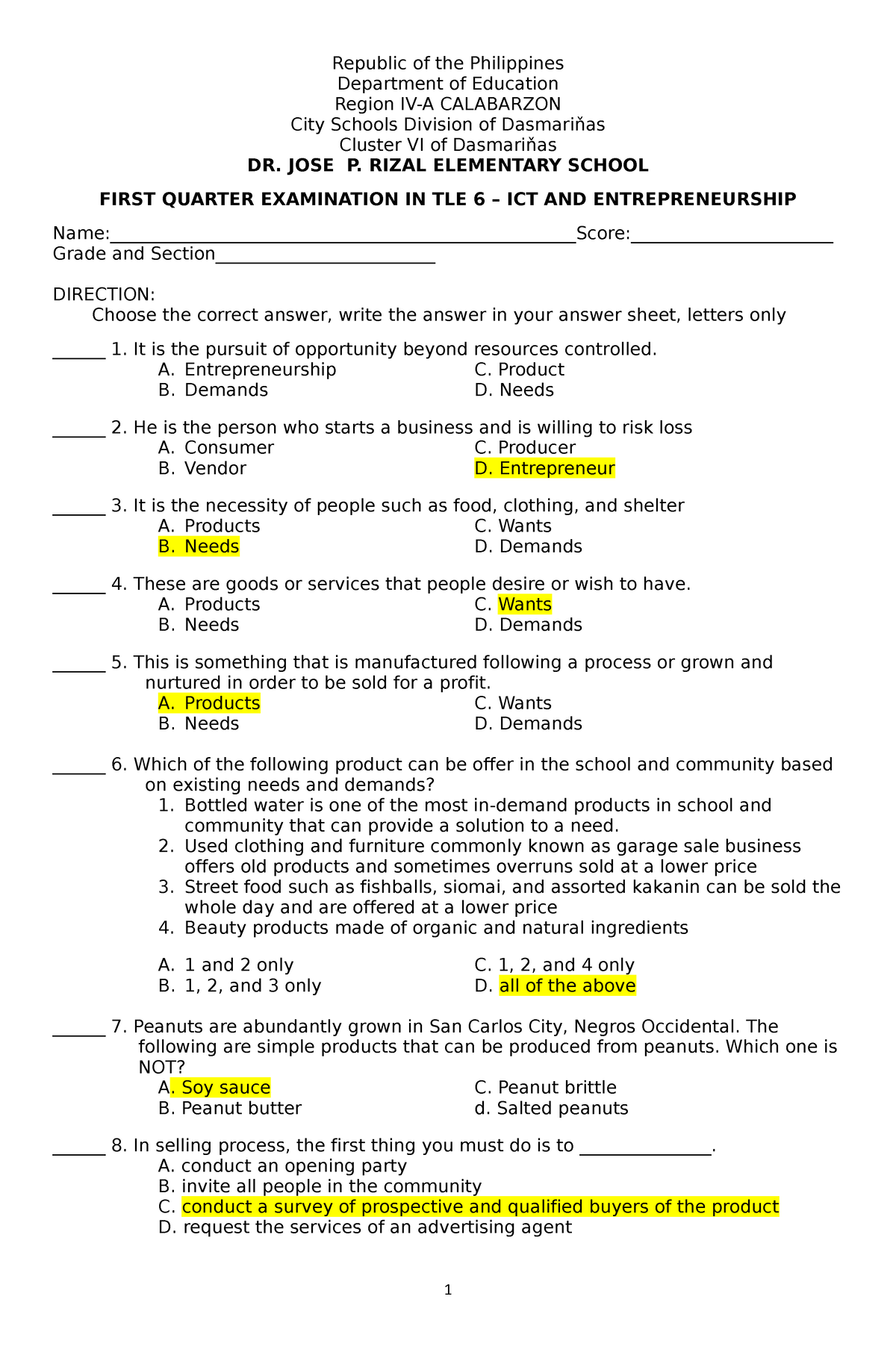 First Quarter EXAM IN TLE ICT AND Entrepreneurship - Republic Of The ...