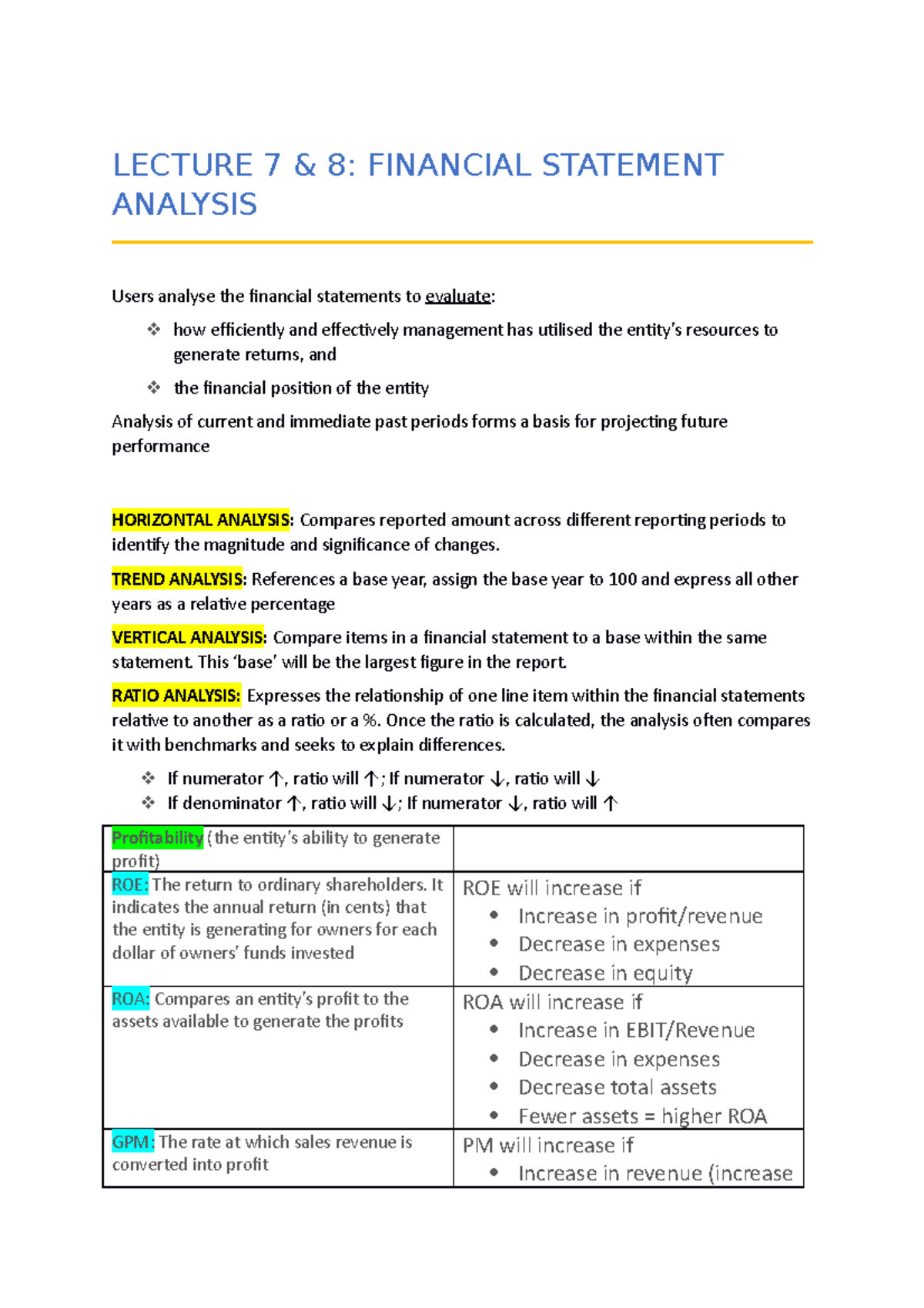 Lecture Notes Week 7 - LECTURE 7 & 8: FINANCIAL STATEMENT ANALYSIS ...