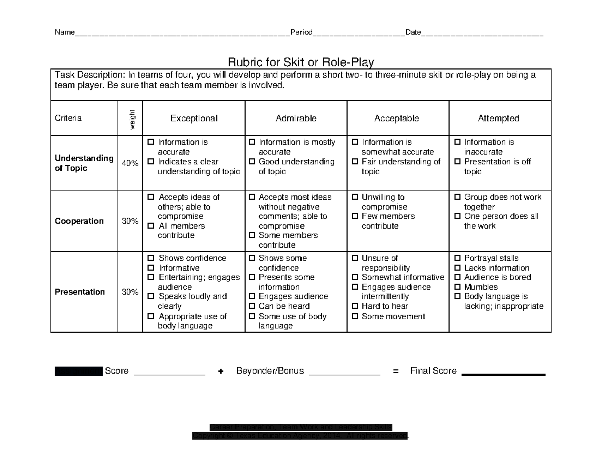 Rubric For Skit Or Role Play1 Studocu