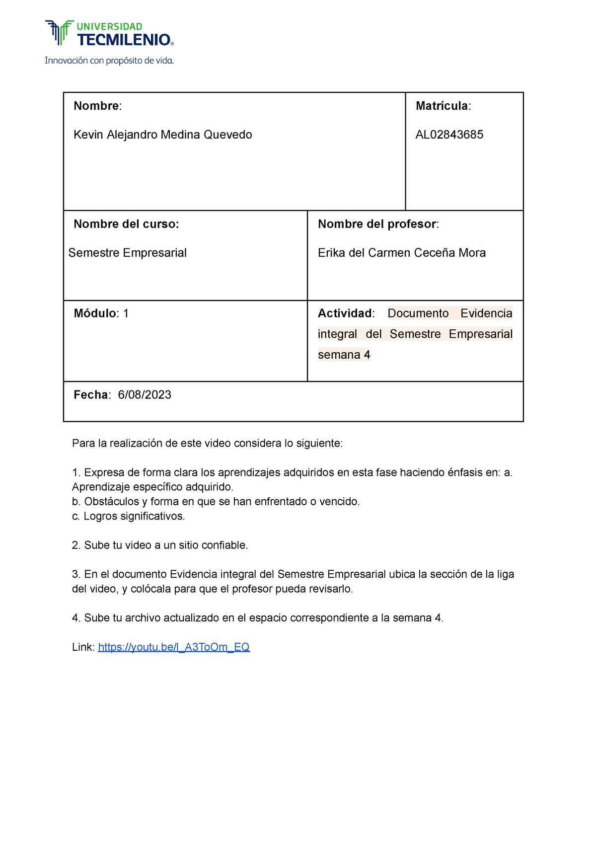 Semana 4 semestre empresarial - Nombre: Kevin Alejandro Medina Quevedo ...