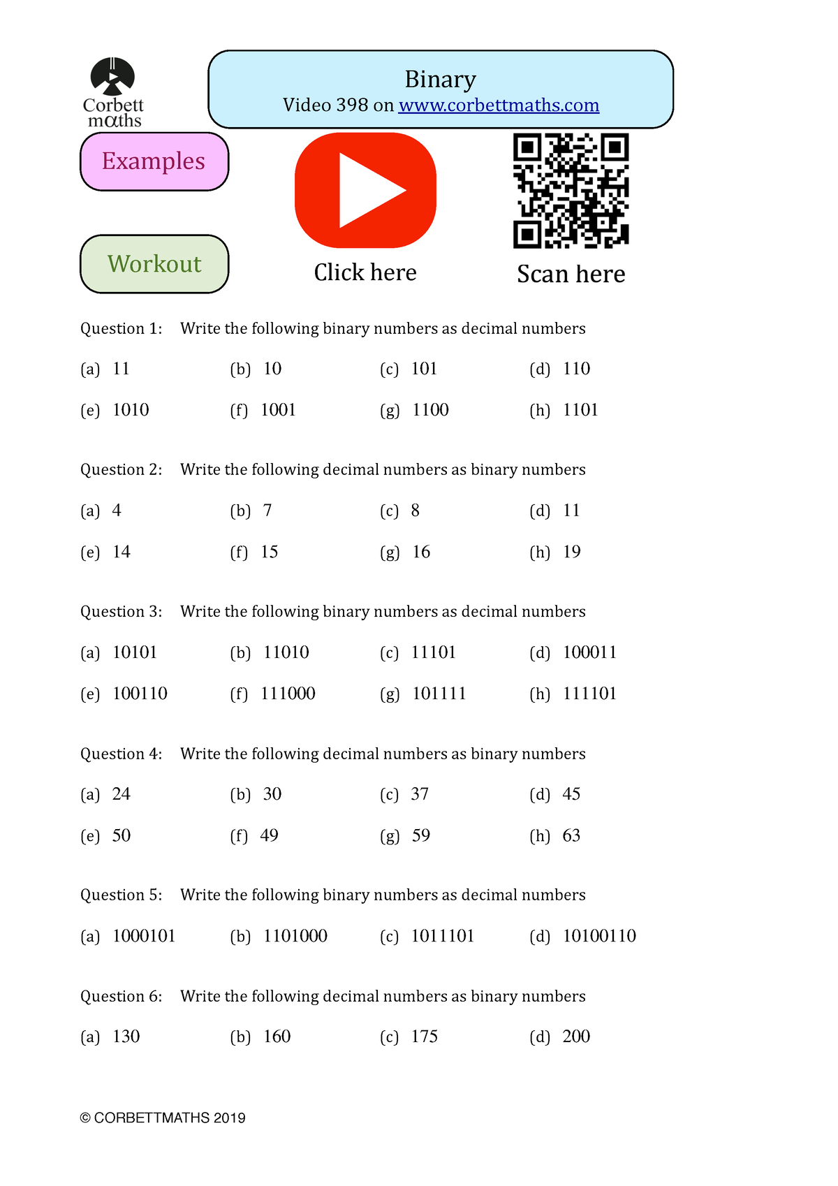 Binary - ! Binary Video 398 On Corbettmaths Question 1: Write The ...