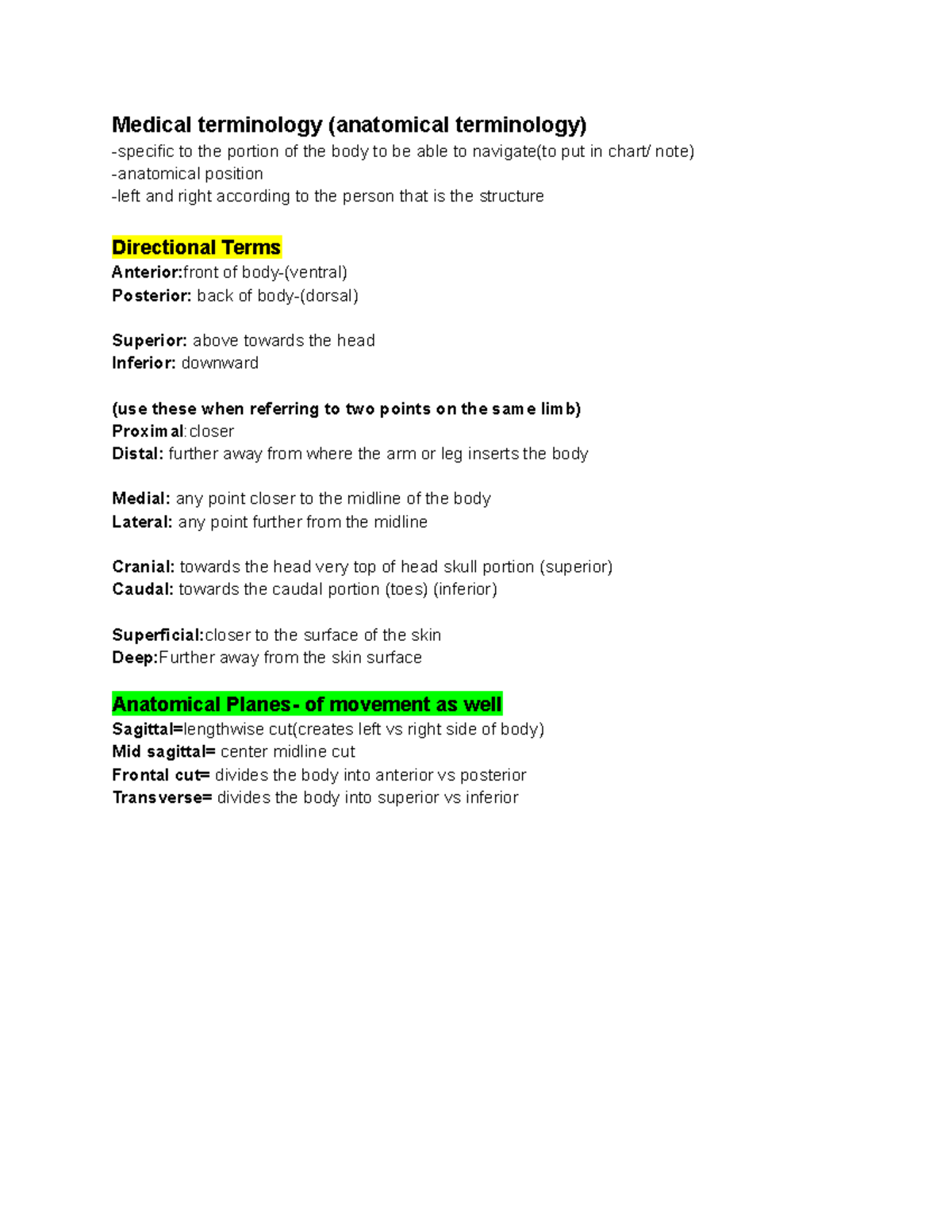 Seminar Notes 2 Medical terminology (anatomical terminology