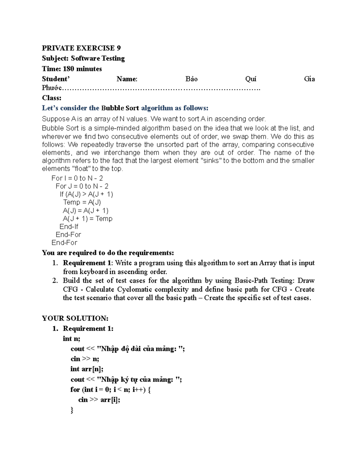 Exercise Lab9 White Box Testing Practice - PRIVATE EXERCISE 9 Subject ...