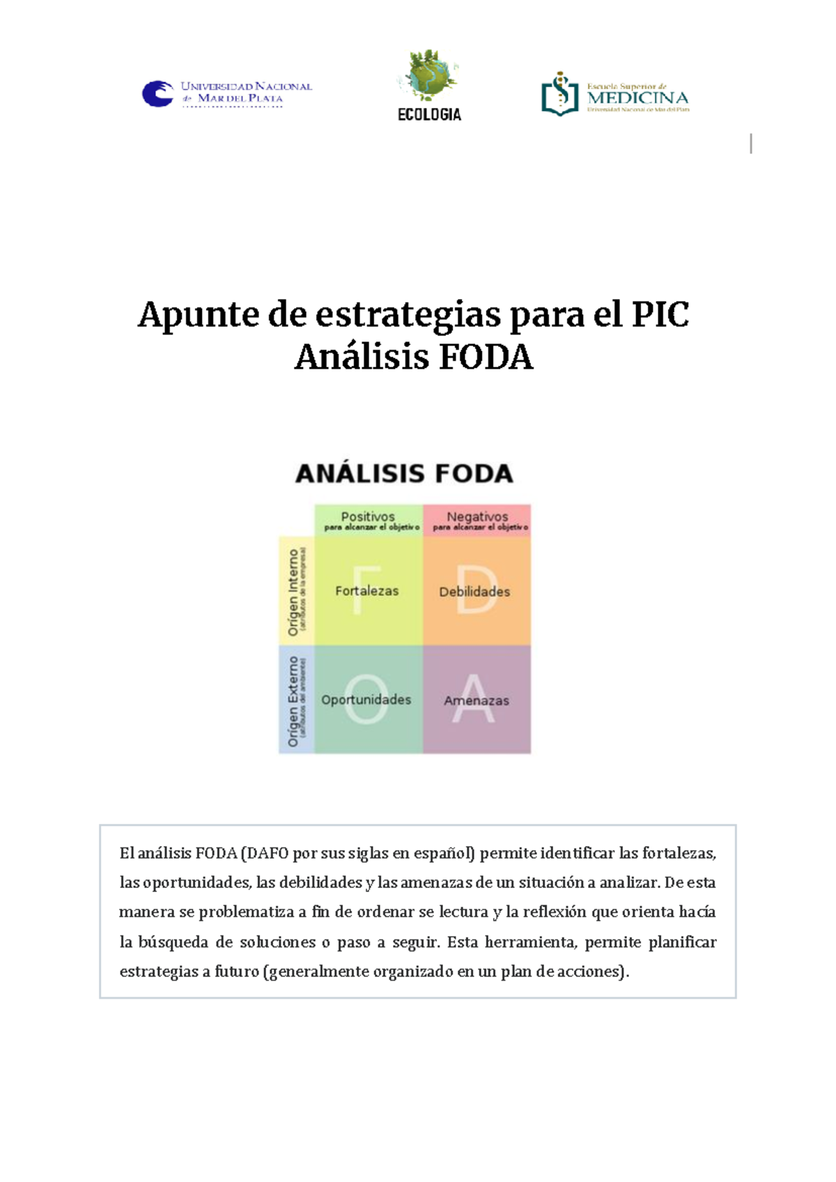 Apunte Para Elaborar Matriz FODA (Ecologia 2023) - Apunte De ...