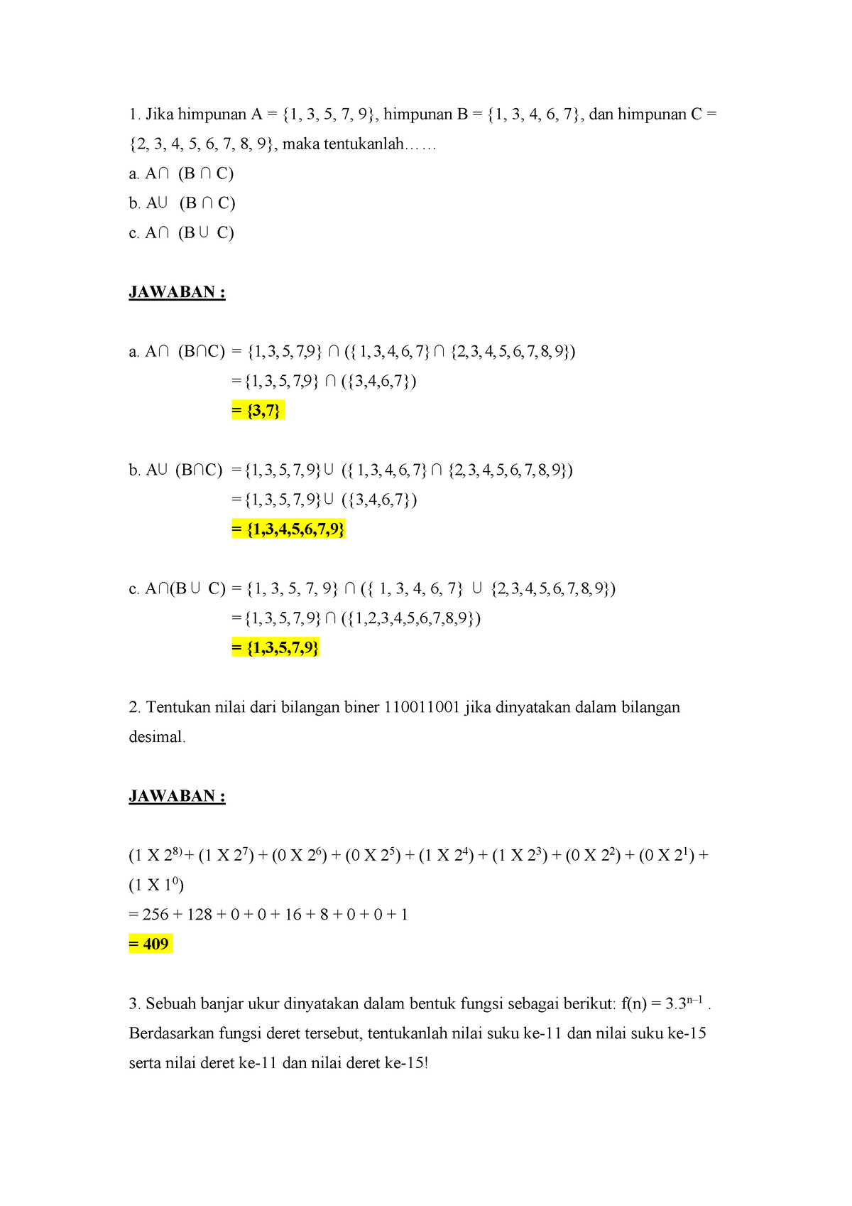 Tugas 1 MTK - Jika Himpunan A = {1, 3, 5, 7, 9}, Himpunan B = {1, 3, 4 ...