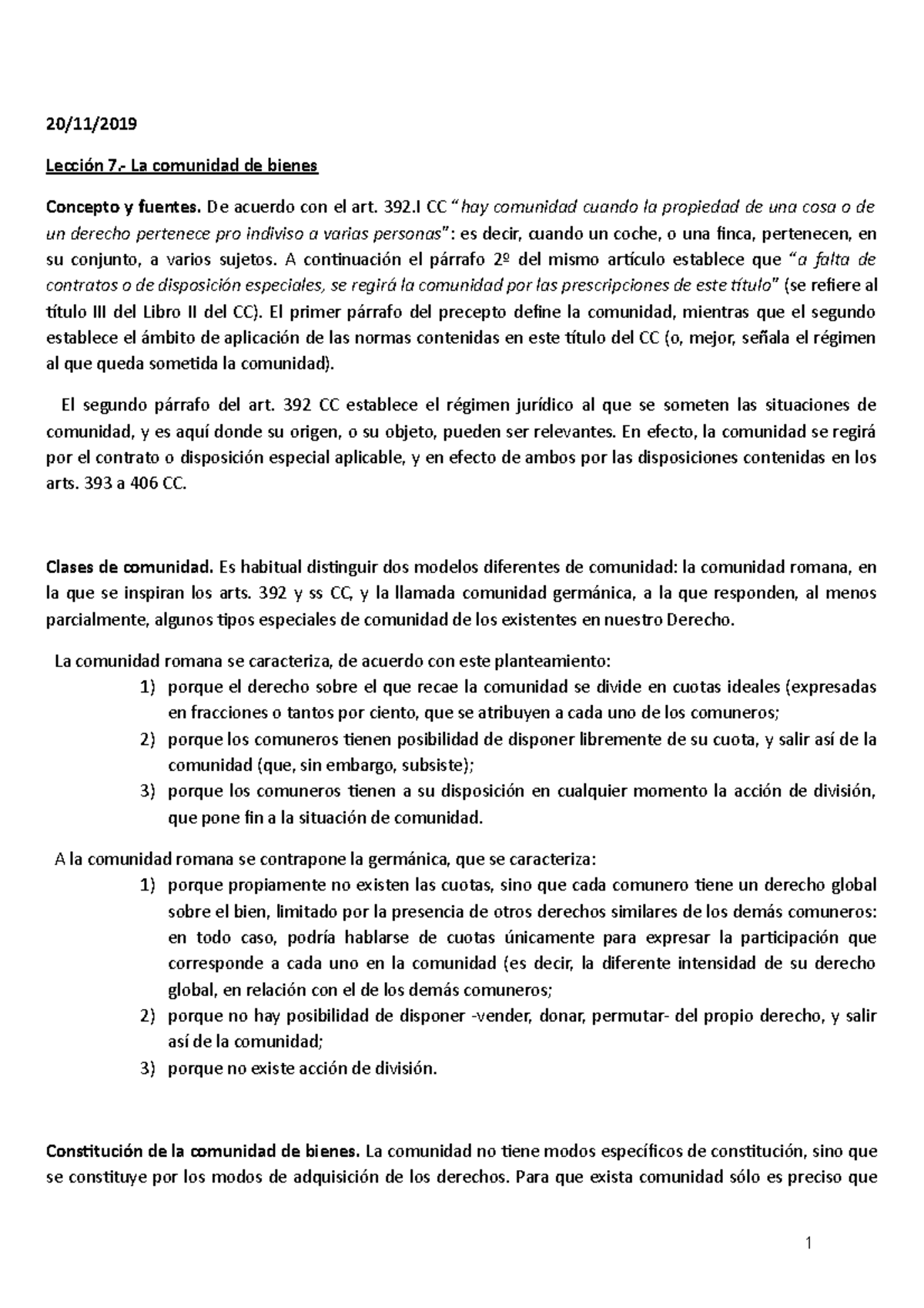 Lección 7 C.III La comunidad de bienes 20/11/ Lección 7. La Lección 7 C.III La comunidad de bienes 20/11/ Lección 7. La