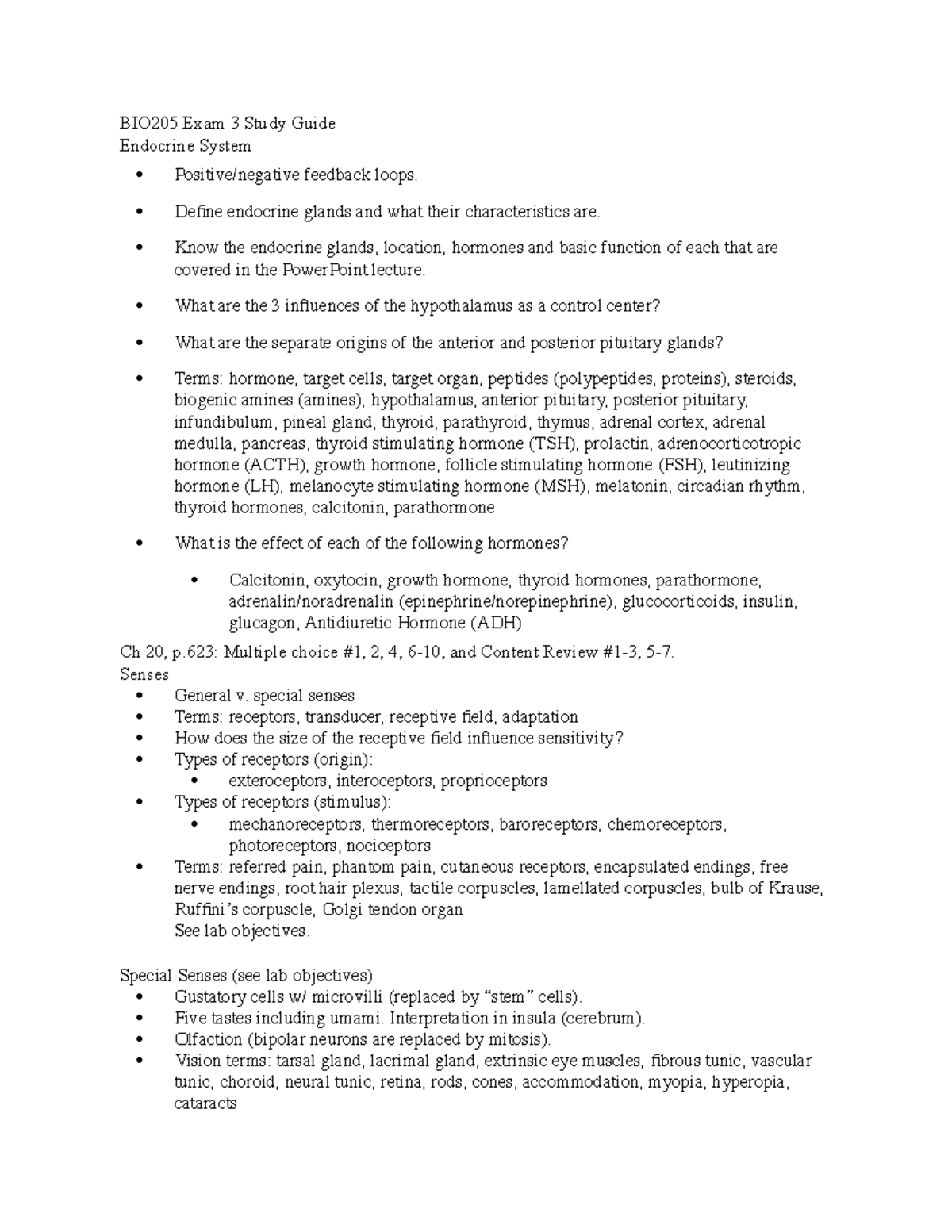Bio 205 Exam 3 Study Guide - BIO205 Exam 3 Study Guide Endocrine System ...