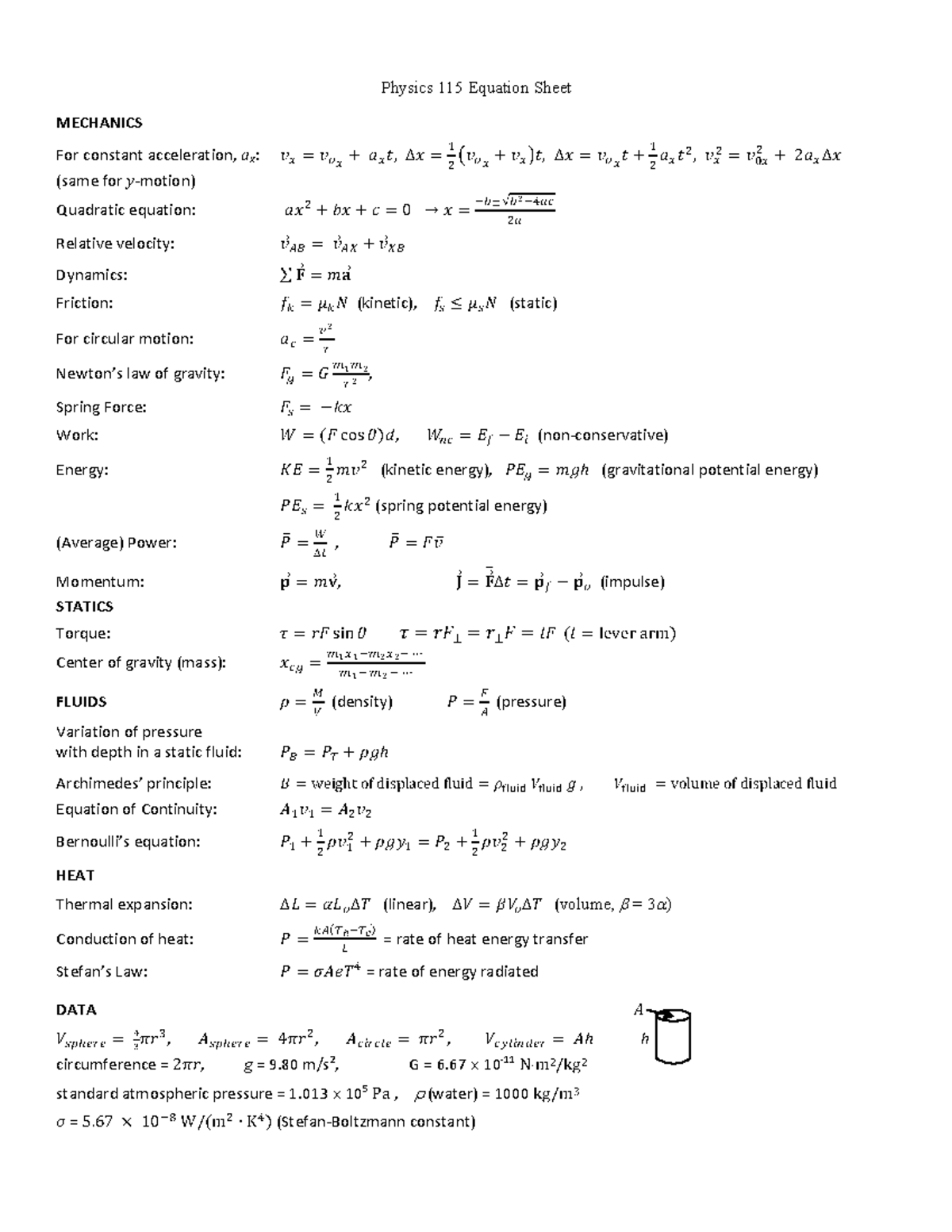 equation sheet 2022 - Physics 11 5 Equation Sheet MECHANICS For ...