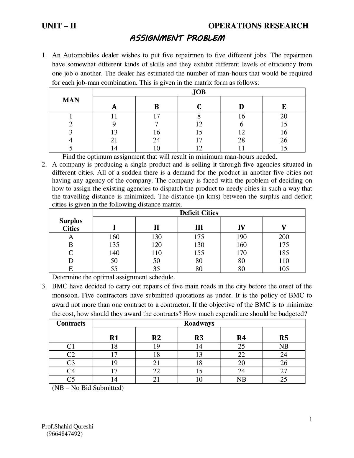 assignment problem operation research definition