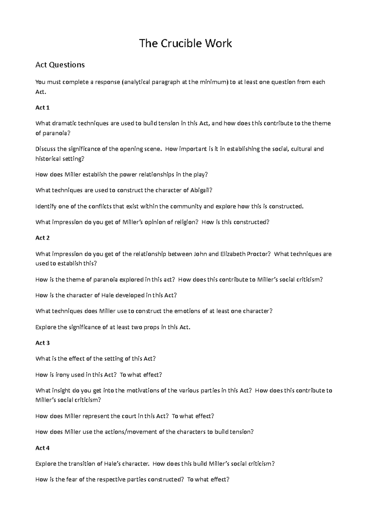 Crucible Work Book Workbook The Crucible Work Act Questions You