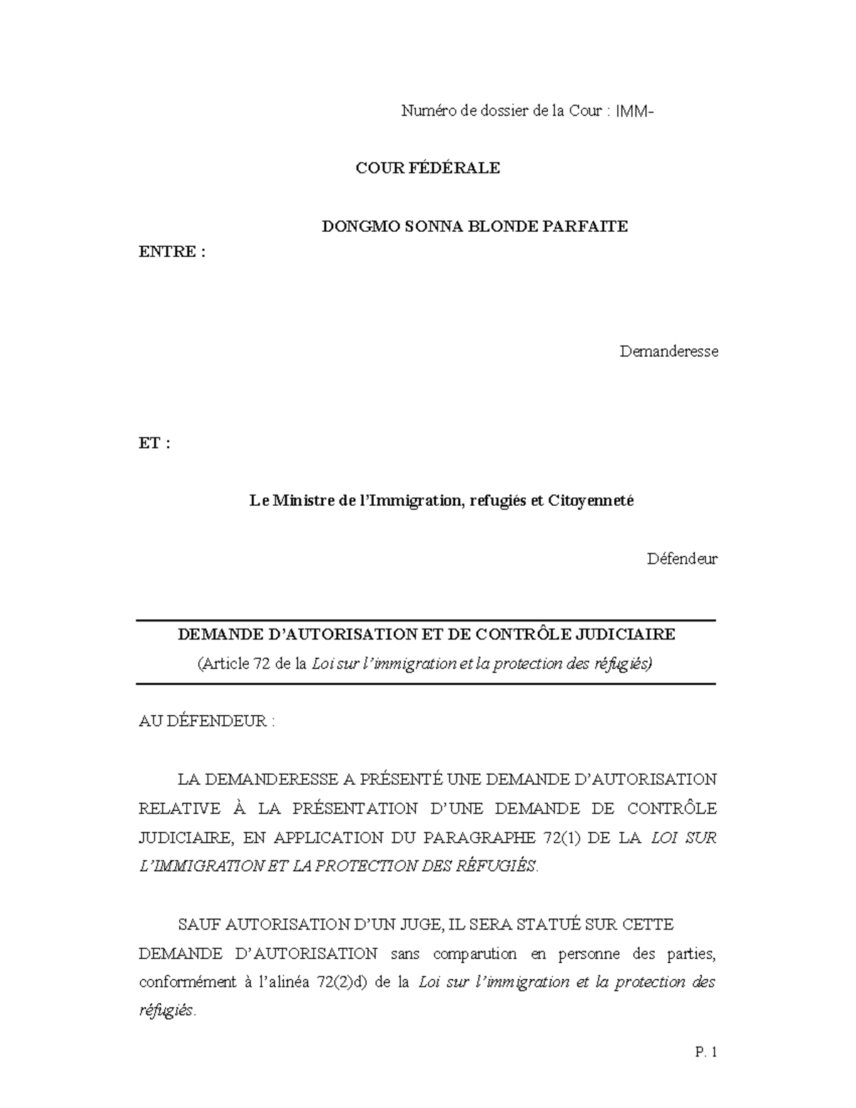 Demande Dautorisation DE Control Judiciaire dongmo o - Numéro de ...