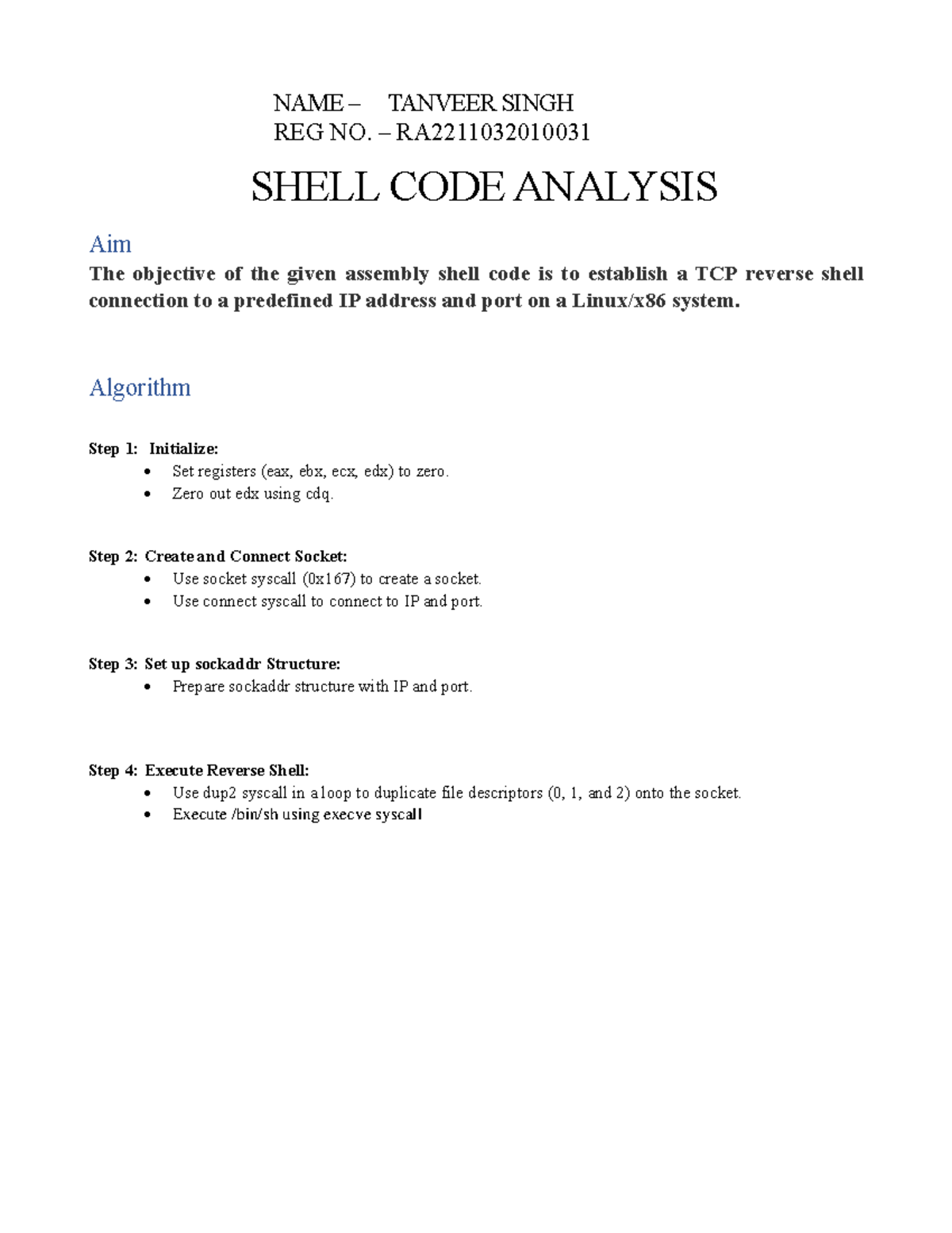 Shell CODE Analysis TCP Reverse - NAME – TANVEER SINGH REG NO ...