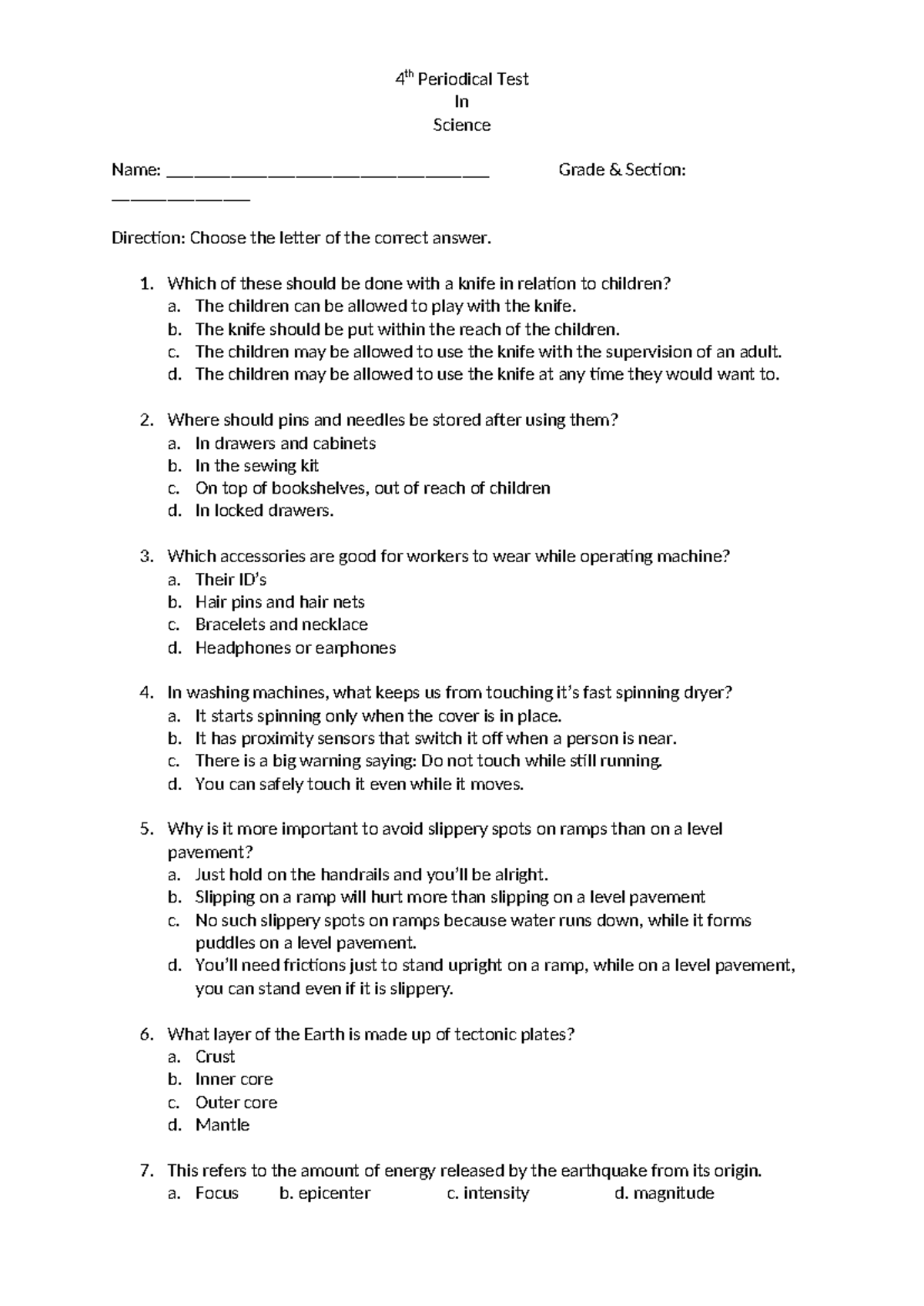 4th Periodical Test Sci - 4 th Periodical Test In Science Name