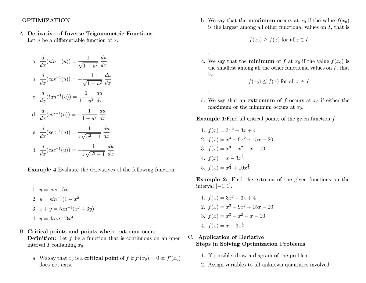 Lecture notes optimization - OPTIMIZATION A. Derivative of Inverse ...