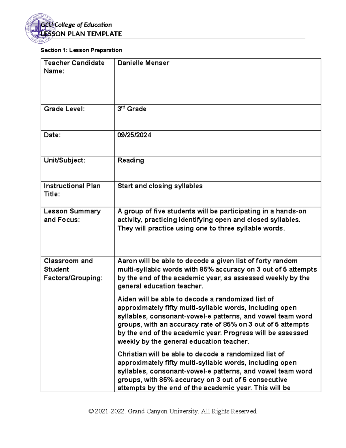 Benchmark - LESSON PLAN TEMPLATE Section 1: Lesson Preparation Teacher ...
